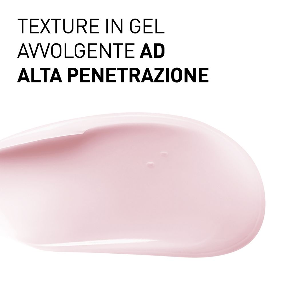 Texture crema rosa su sfondo bianco. Testo: TEXTURE IN GEL, AVVOLGENTE AD, ALTA PENETRAZIONE.