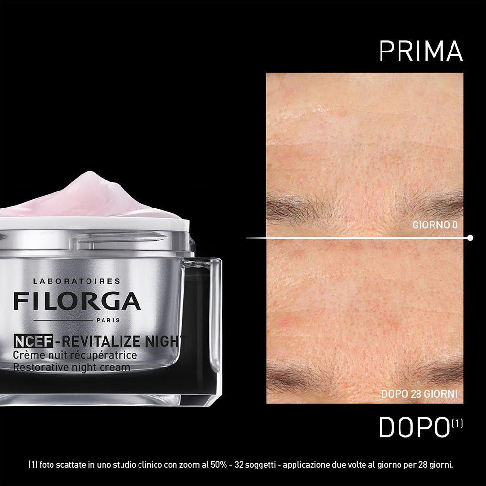 Viso prima e dopo 28 giorni. Vaso di crema. Testo: FILORGA PARIS, NCEF-REVITALIZE NIGHT, Crème nuit récupératrice.
