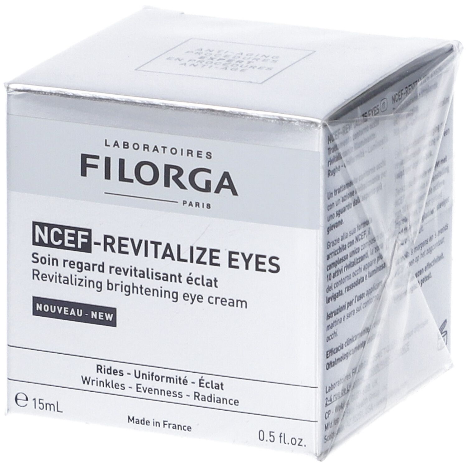 Confezione del prodotto. Scritta: FILORGA, NCEF-REVITALIZE EYES. Testo: NOUVEAU-NEW.