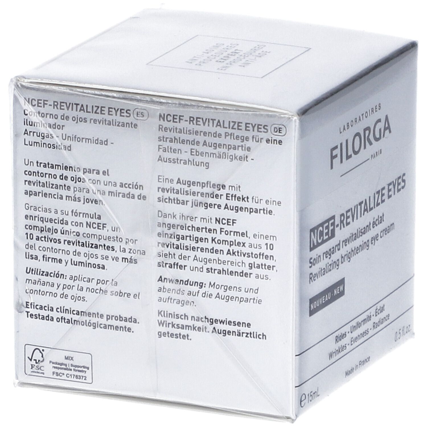 Confezione del prodotto. Scritta: FILORGA, NCEF-REVITALIZE EYES. Testo in tedesco.