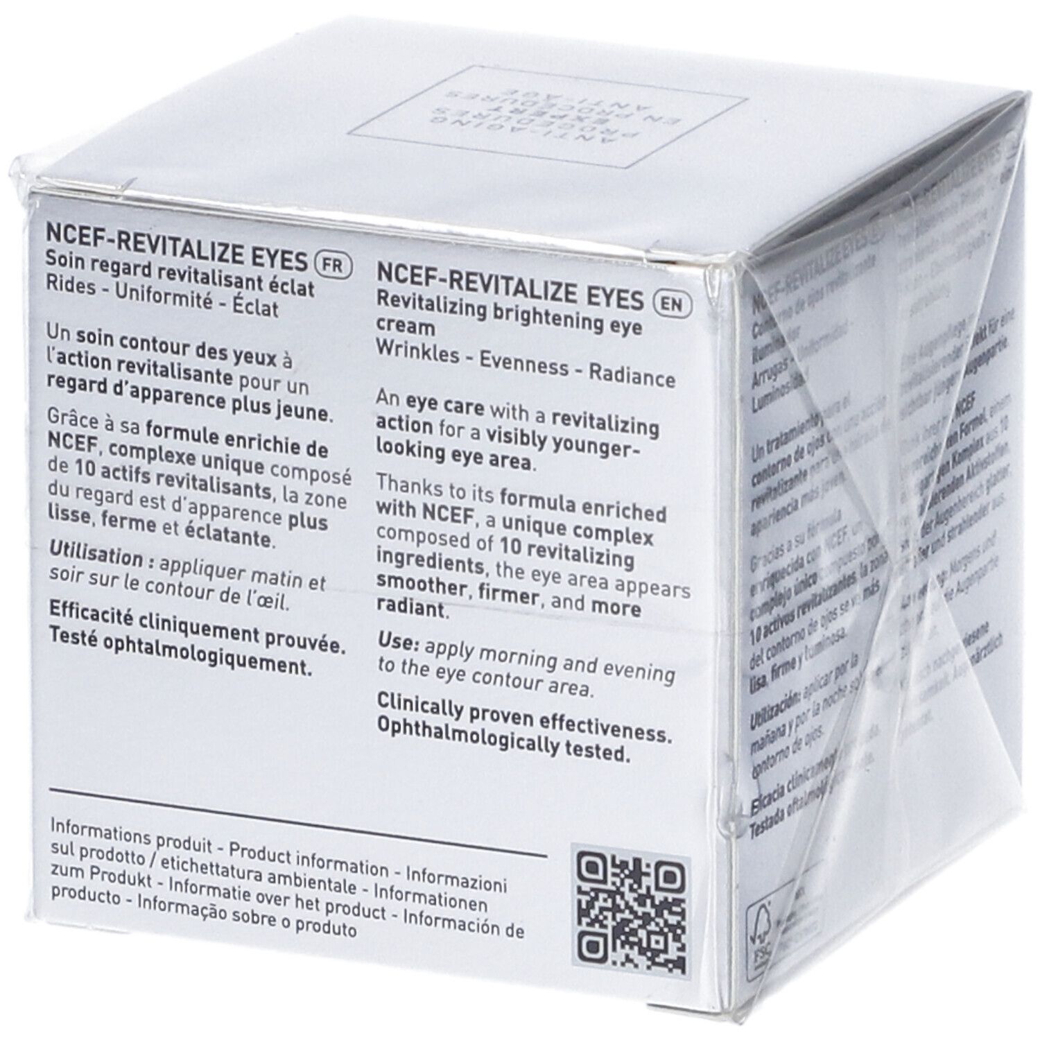 Confezione del prodotto. Scritta: FILORGA, NCEF-REVITALIZE EYES. Testo in francese.
