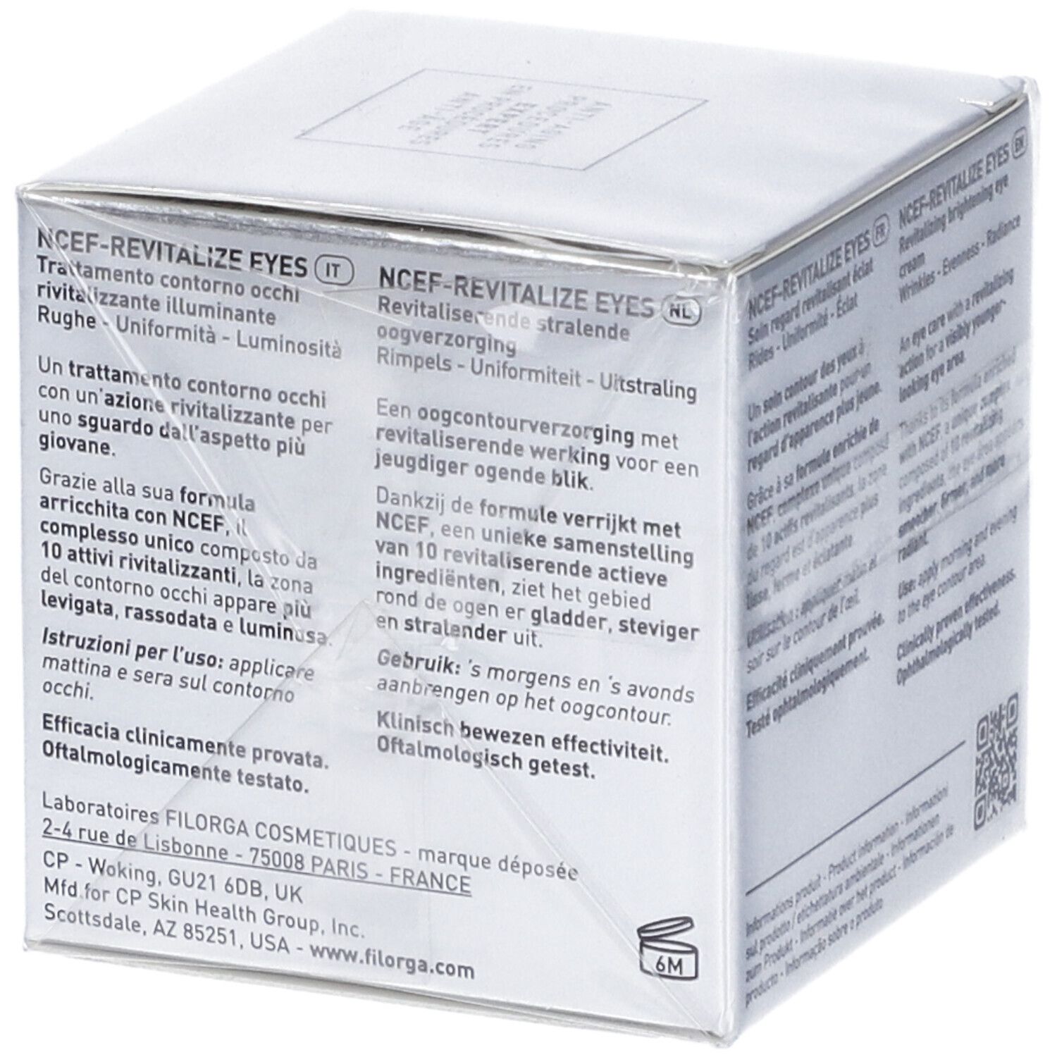 Confezione del prodotto. Scritta: FILORGA, NCEF-REVITALIZE EYES. Testo in italiano.