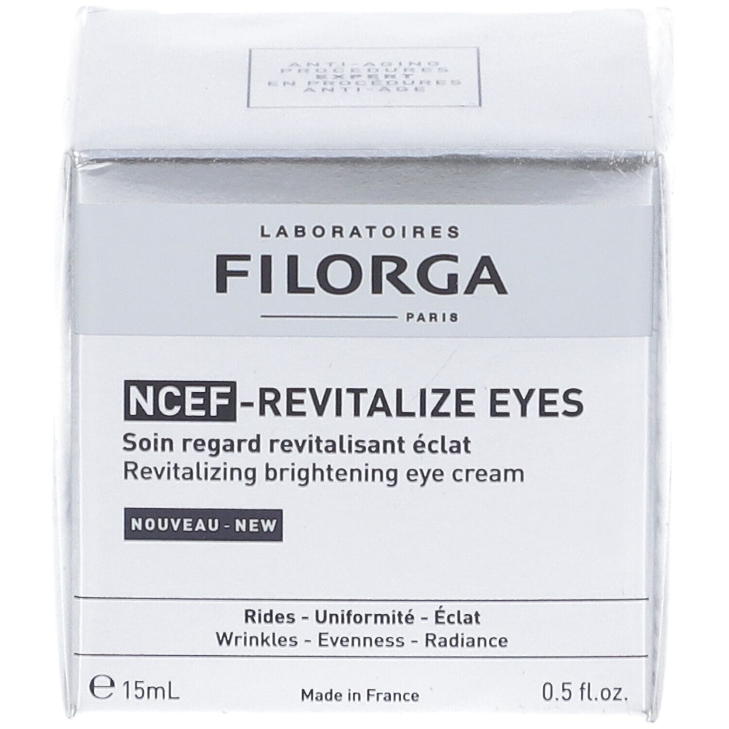 Confezione del prodotto. Scritta: FILORGA, NCEF-REVITALIZE EYES. Testo in olandese.