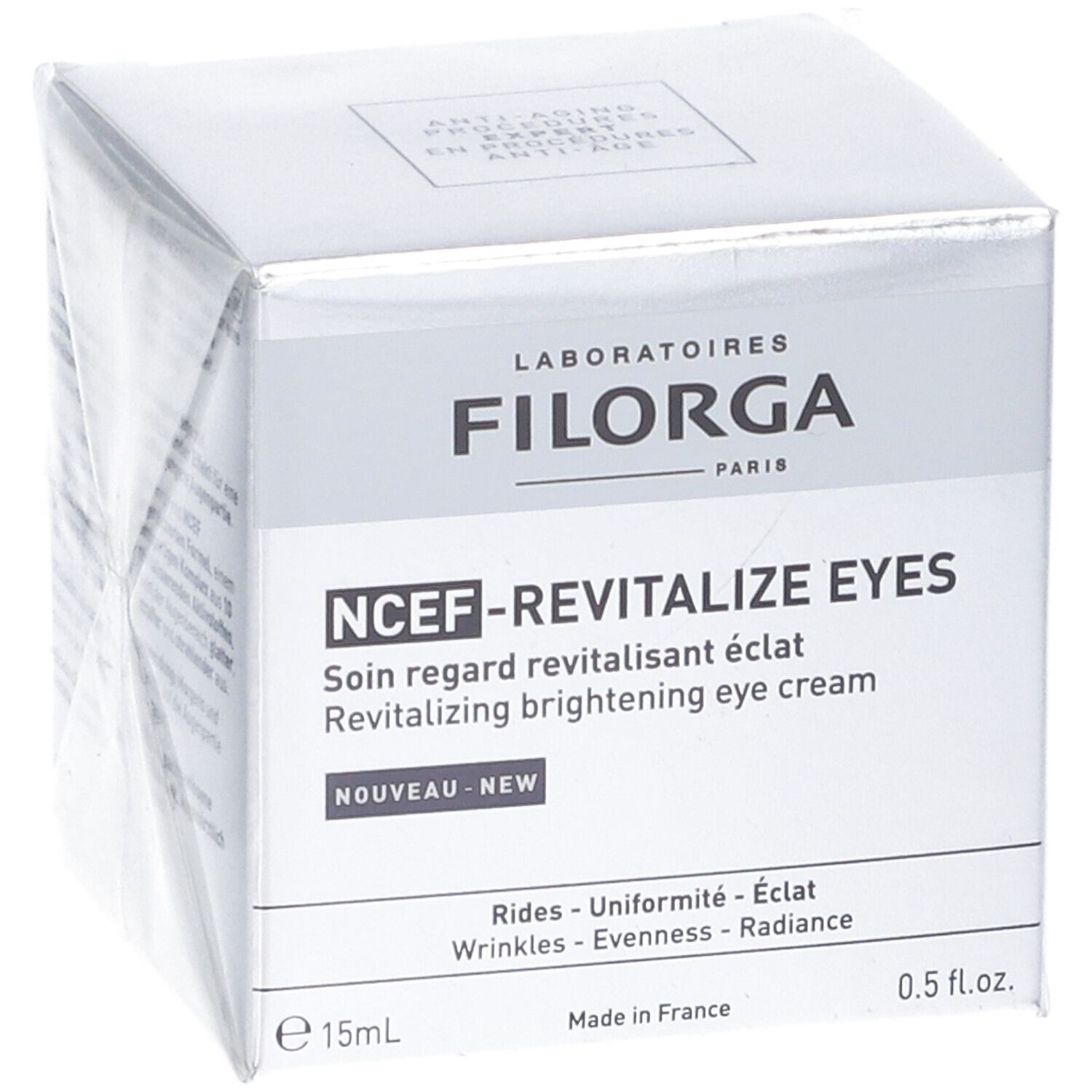 Confezione del prodotto. Scritta: FILORGA, NCEF-REVITALIZE EYES. Testo: NOUVEAU-NEW.