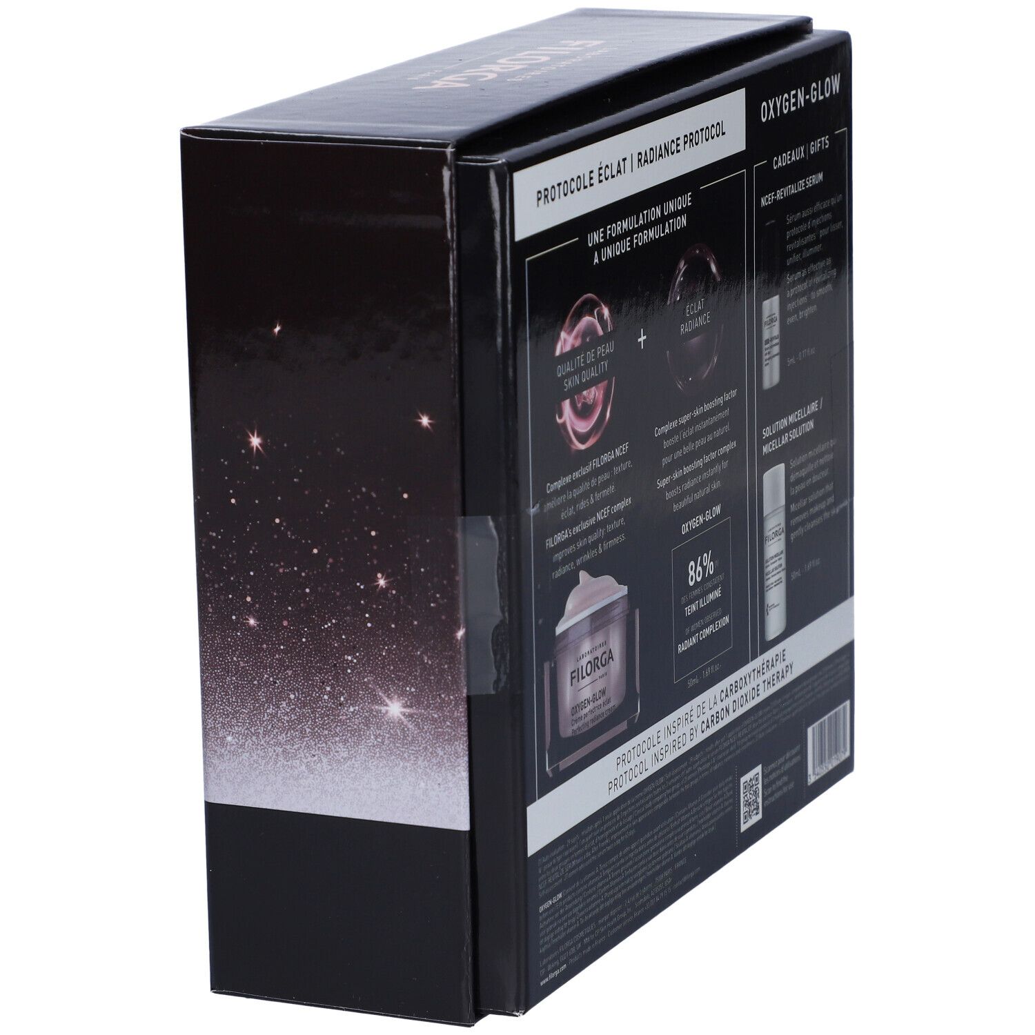 Lato della confezione regalo. Testo e immagini dei prodotti. Marchio Filorga. Testo: Oxygen-Glow, Radiance Protocol.