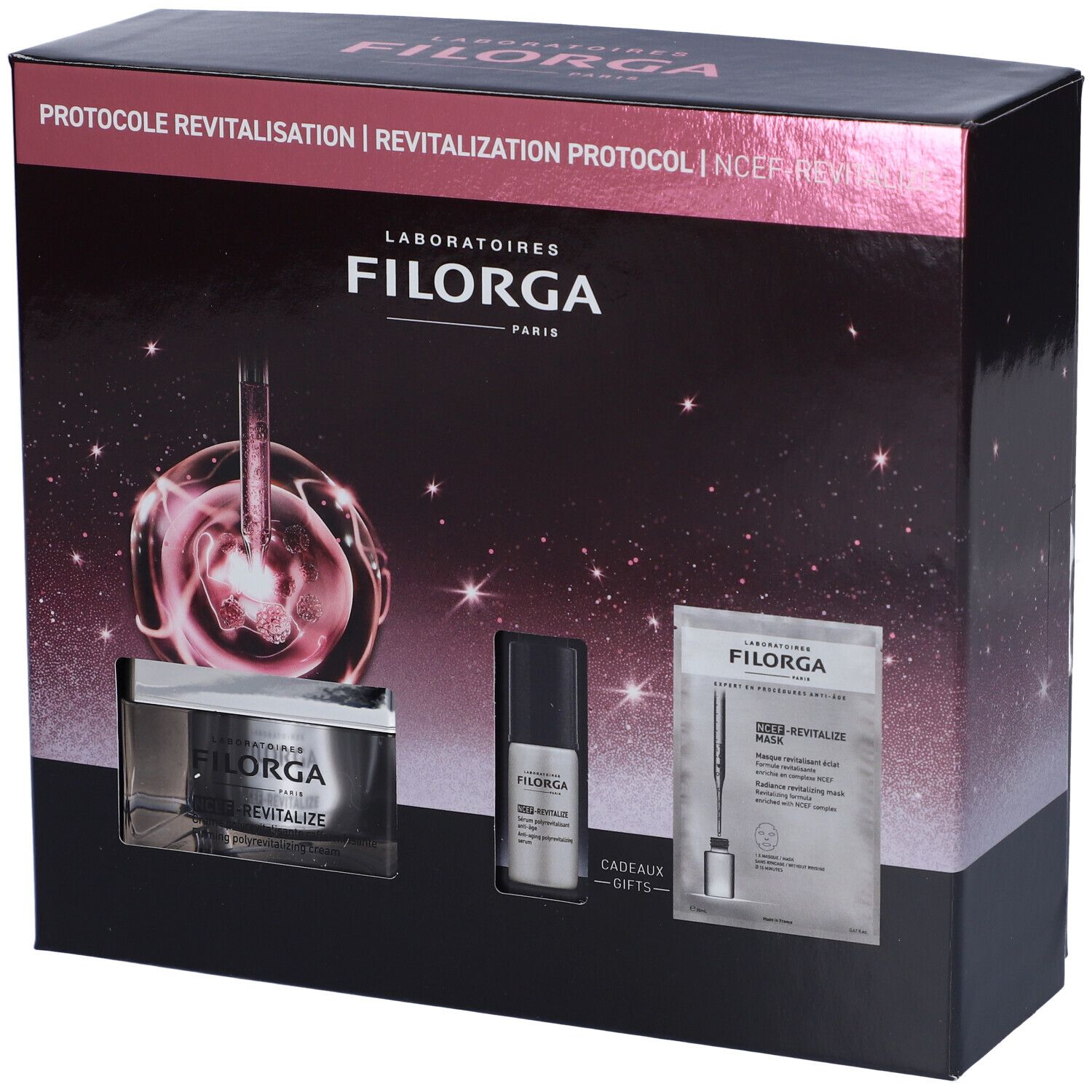 Confezione regalo Filorga con prodotti cosmetici. Contiene vasetto, flacone e bustina. Confezione nera con dettagli rosa.
