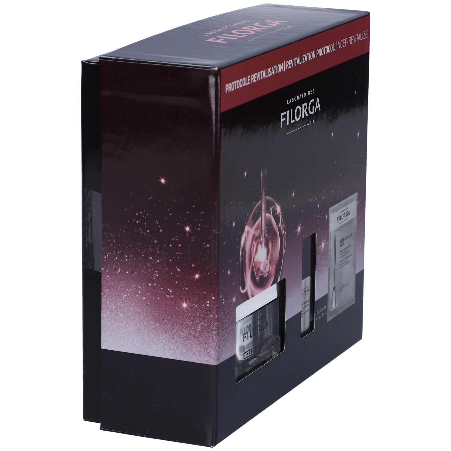 Confezione nera con dettagli rosa. Marca: Filorga. Testo: PROTOCOLE REVITALISATION. Contiene vasetto, flacone e bustina.