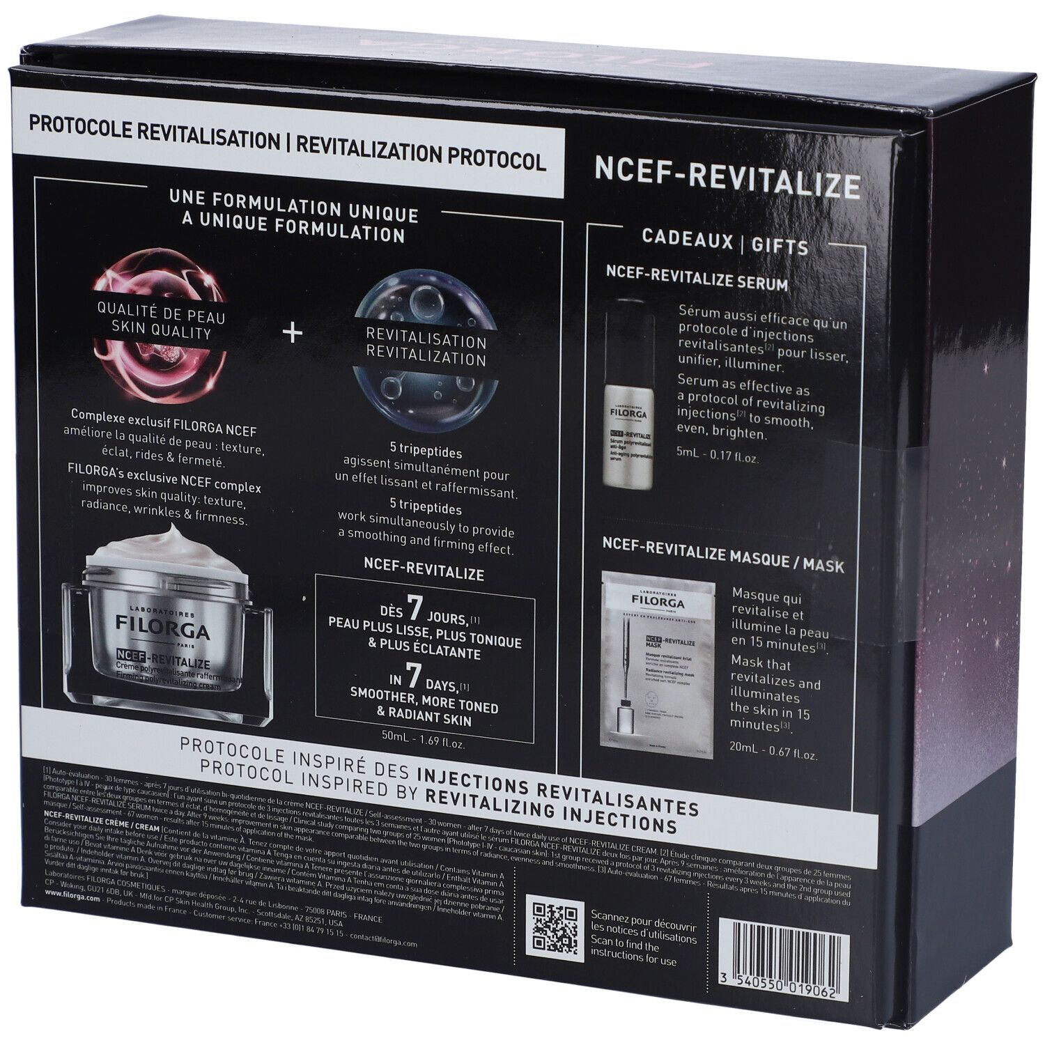 Retro della confezione regalo. Testo: PROTOCOLE REVITALISATION. Contiene informazioni sui prodotti. Marca: Filorga.