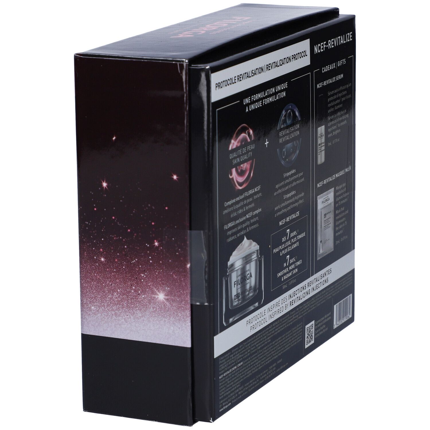 Vista laterale della confezione regalo. Confezione nera con dettagli rosa. Marca: Filorga. Testo: PROTOCOLE REVITALISATION.