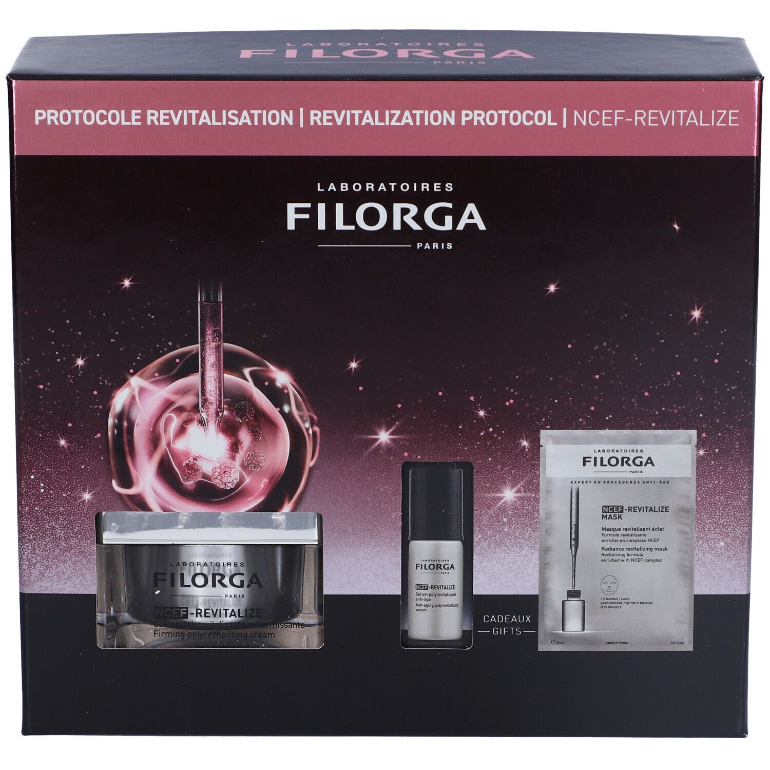 Confezione regalo Filorga con prodotti cosmetici. Contiene vasetto, flacone e bustina. Confezione nera con dettagli rosa.