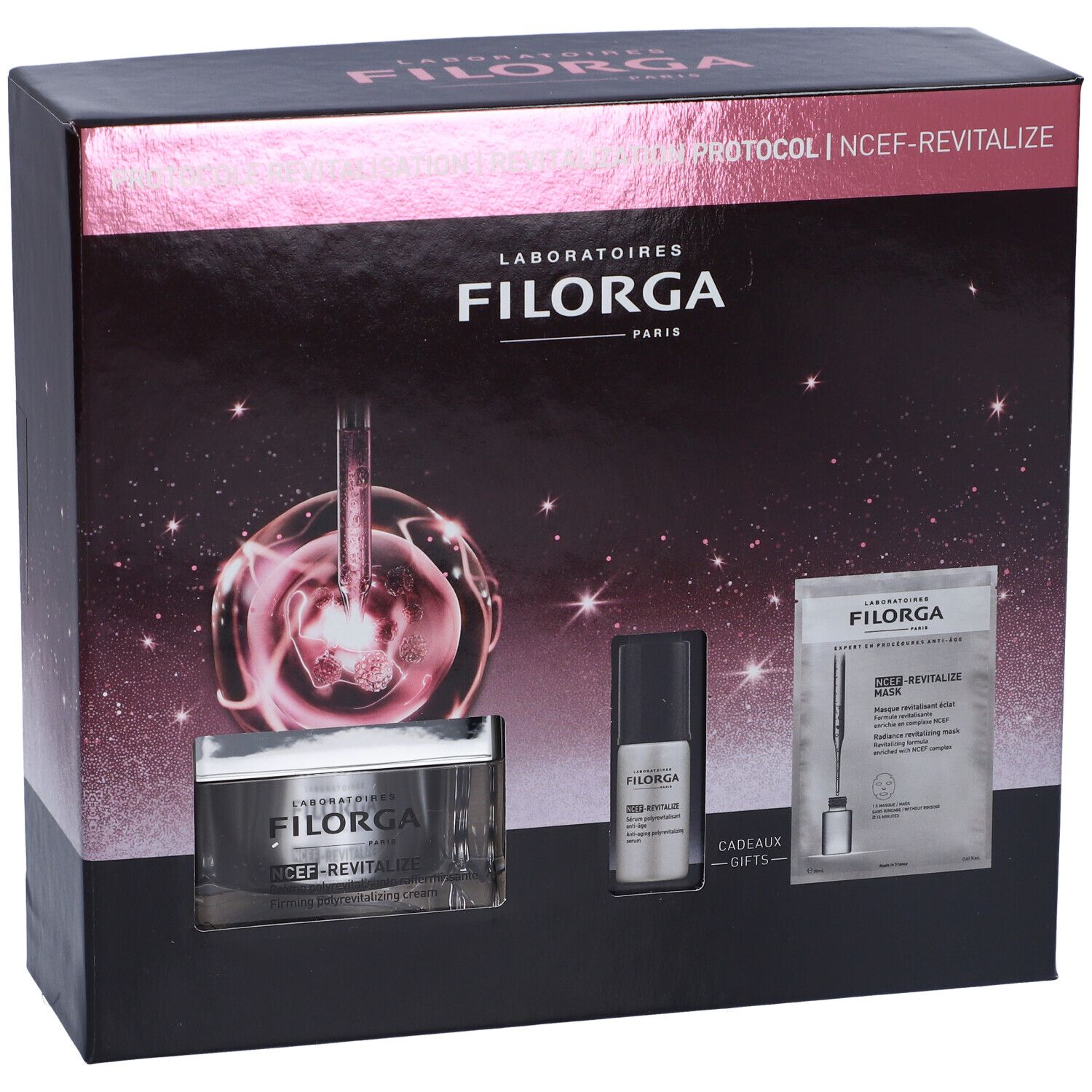 Confezione regalo Filorga con prodotti cosmetici. Contiene vasetto, flacone e bustina. Confezione nera con dettagli rosa.