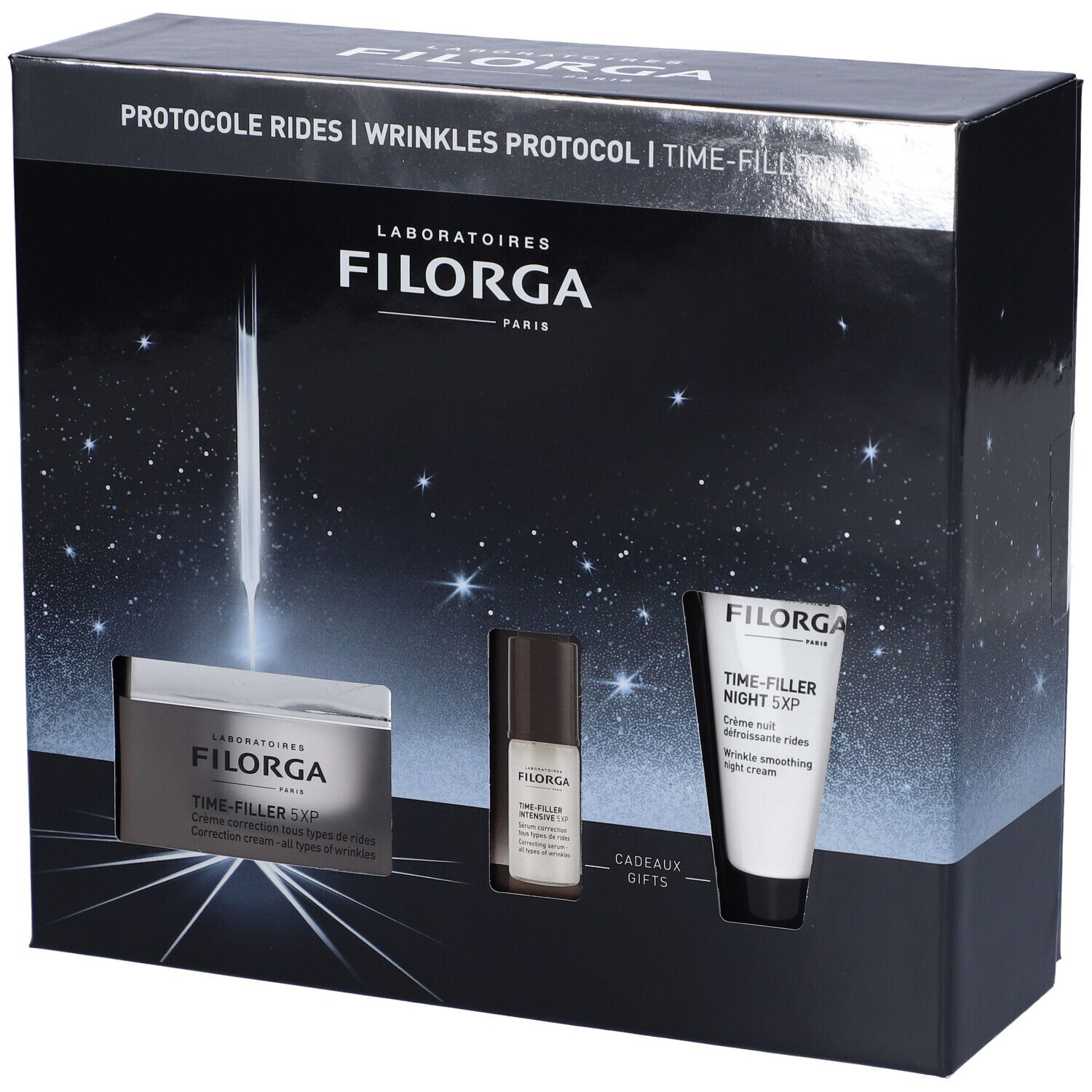 Filorga Cofanetto Time Filler 5XP. Confezione regalo con crema, siero e crema notte. Scatola nera con stelle.