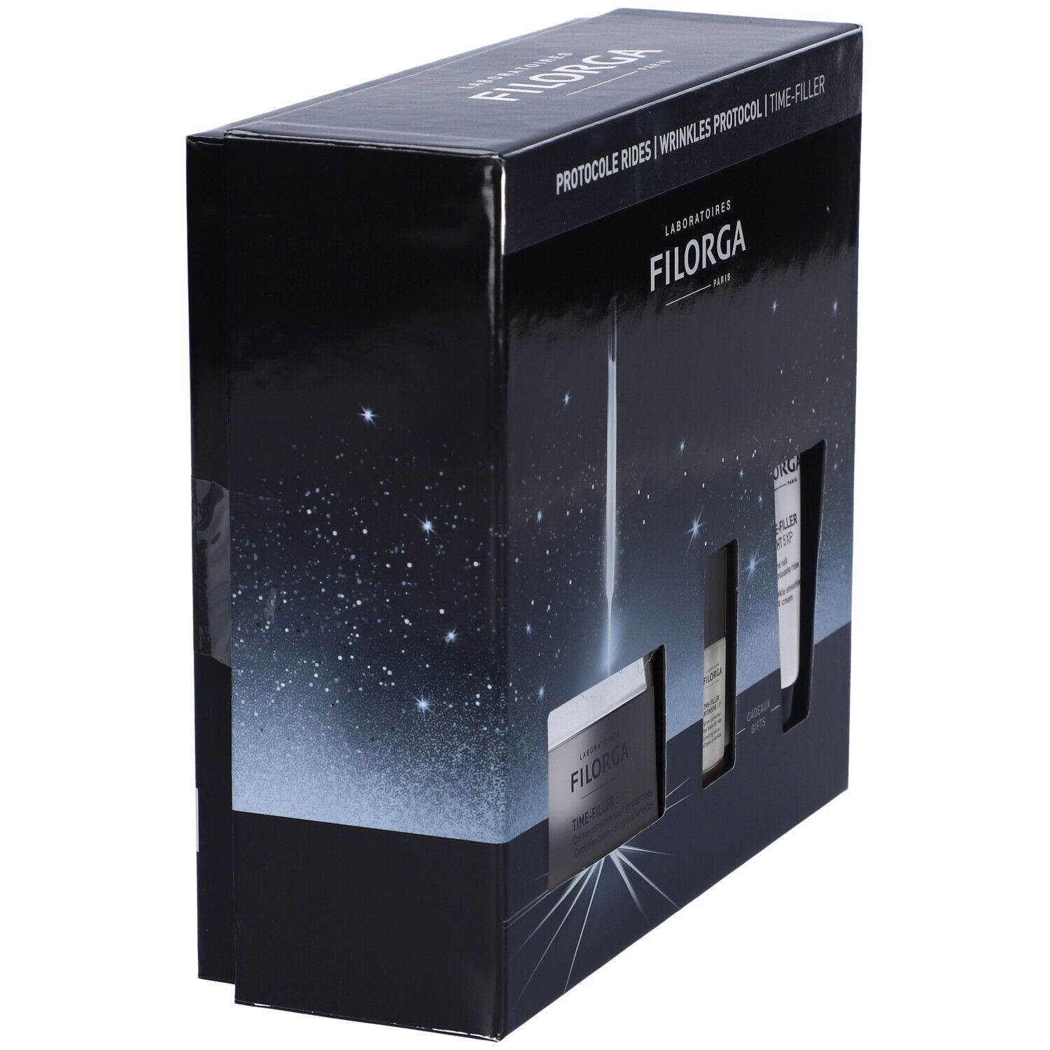 Filorga Cofanetto Time Filler 5XP. Vista laterale della confezione. Scatola nera con stelle e nome del prodotto.