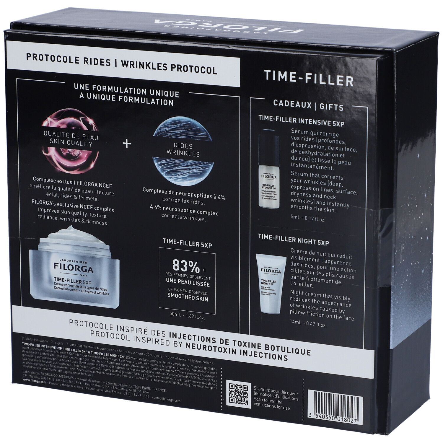 Retro della confezione Filorga Cofanetto Time Filler 5XP. Informazioni sugli ingredienti e l'uso. Scatola nera.