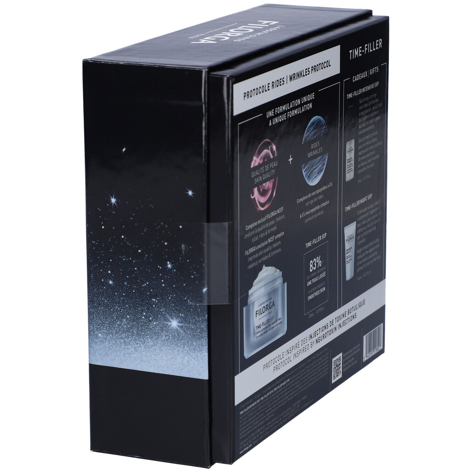 Filorga Cofanetto Time Filler 5XP. Vista laterale della confezione. Scatola nera con nome e stelle.