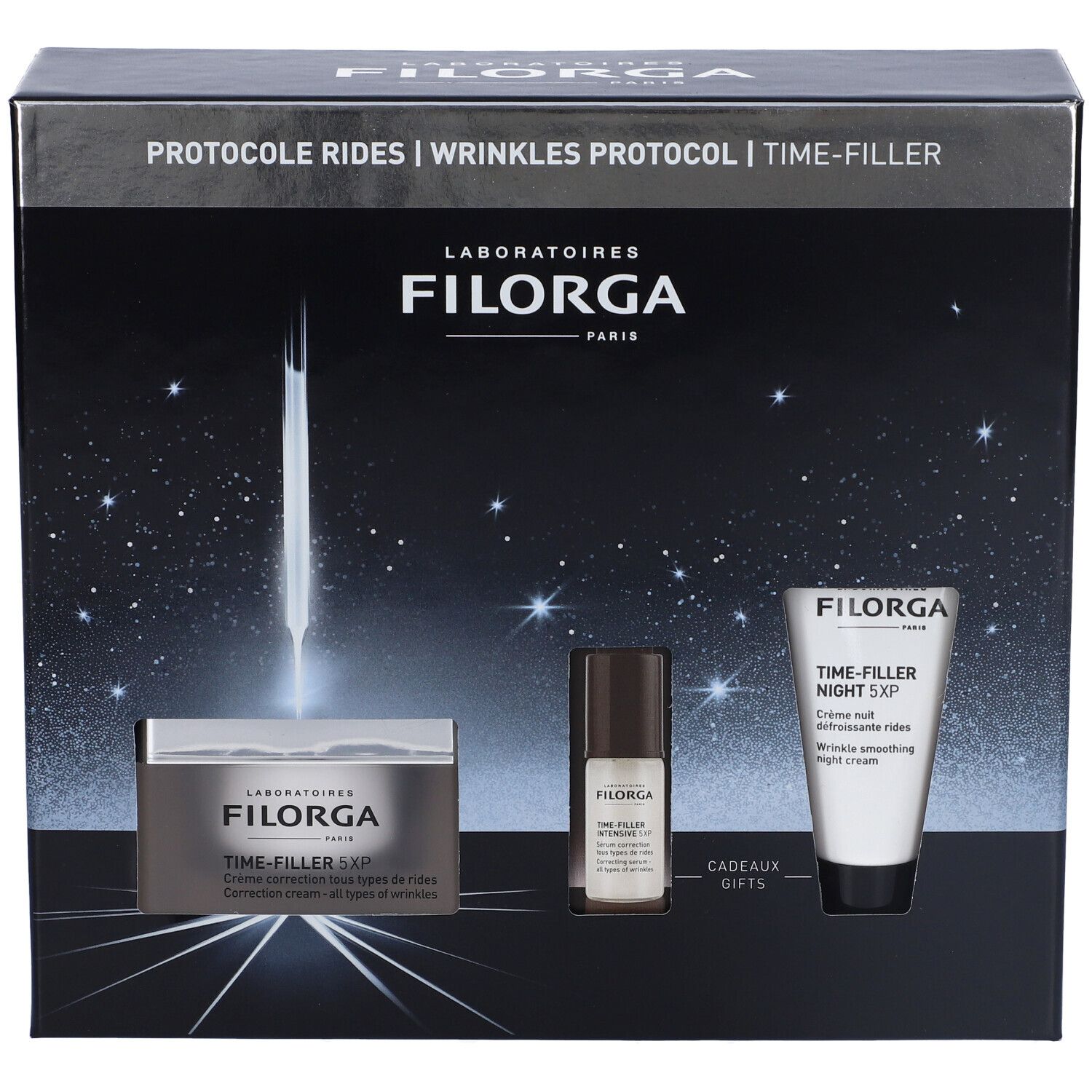 Filorga Cofanetto Time Filler 5XP. Confezione regalo con crema, siero e crema notte. Scatola nera con stelle.