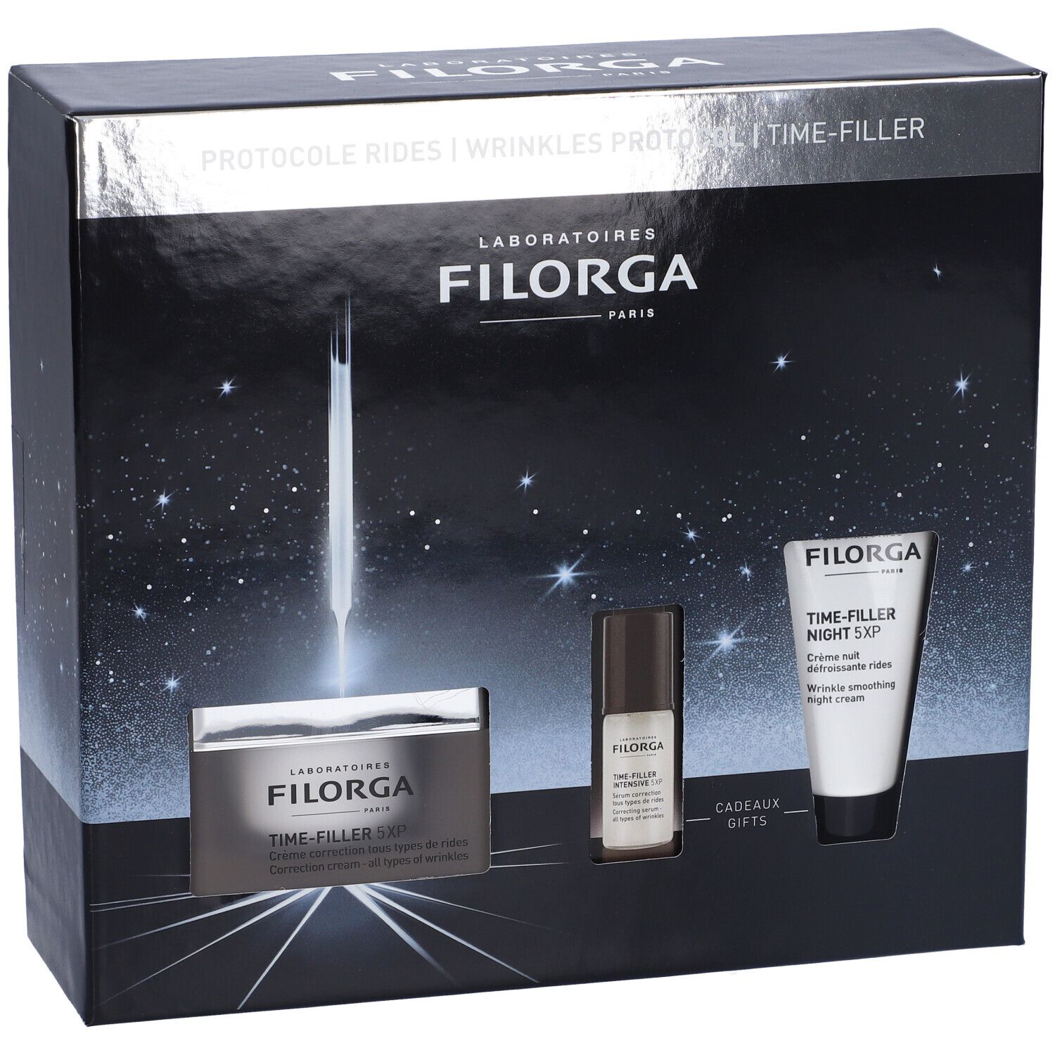 Filorga Cofanetto Time Filler 5XP. Confezione regalo con crema, siero e crema notte. Scatola nera con stelle.
