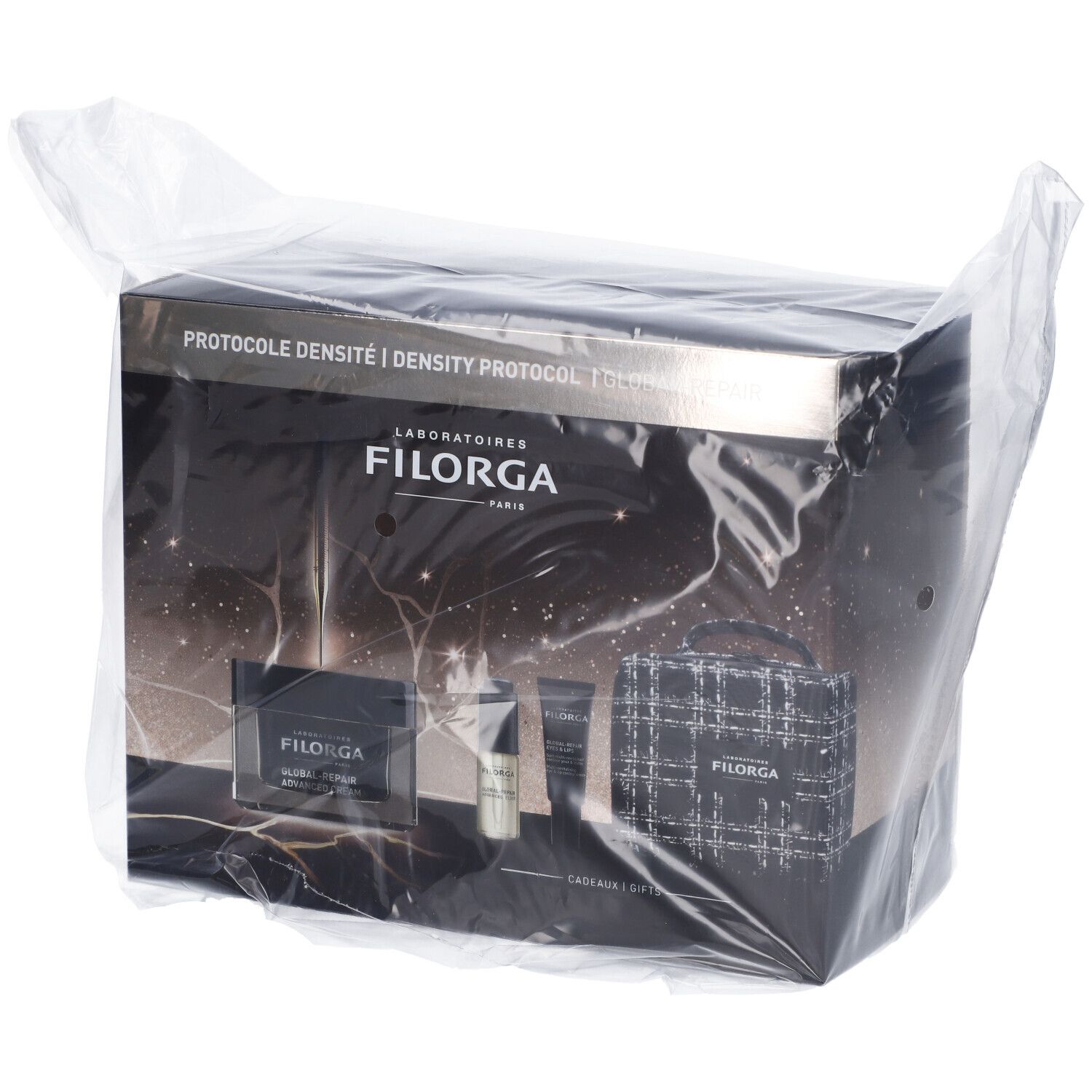 Confezione regalo avvolta in pellicola trasparente. Testo: PROTOCOLO DENSITÀ, FILORGA.