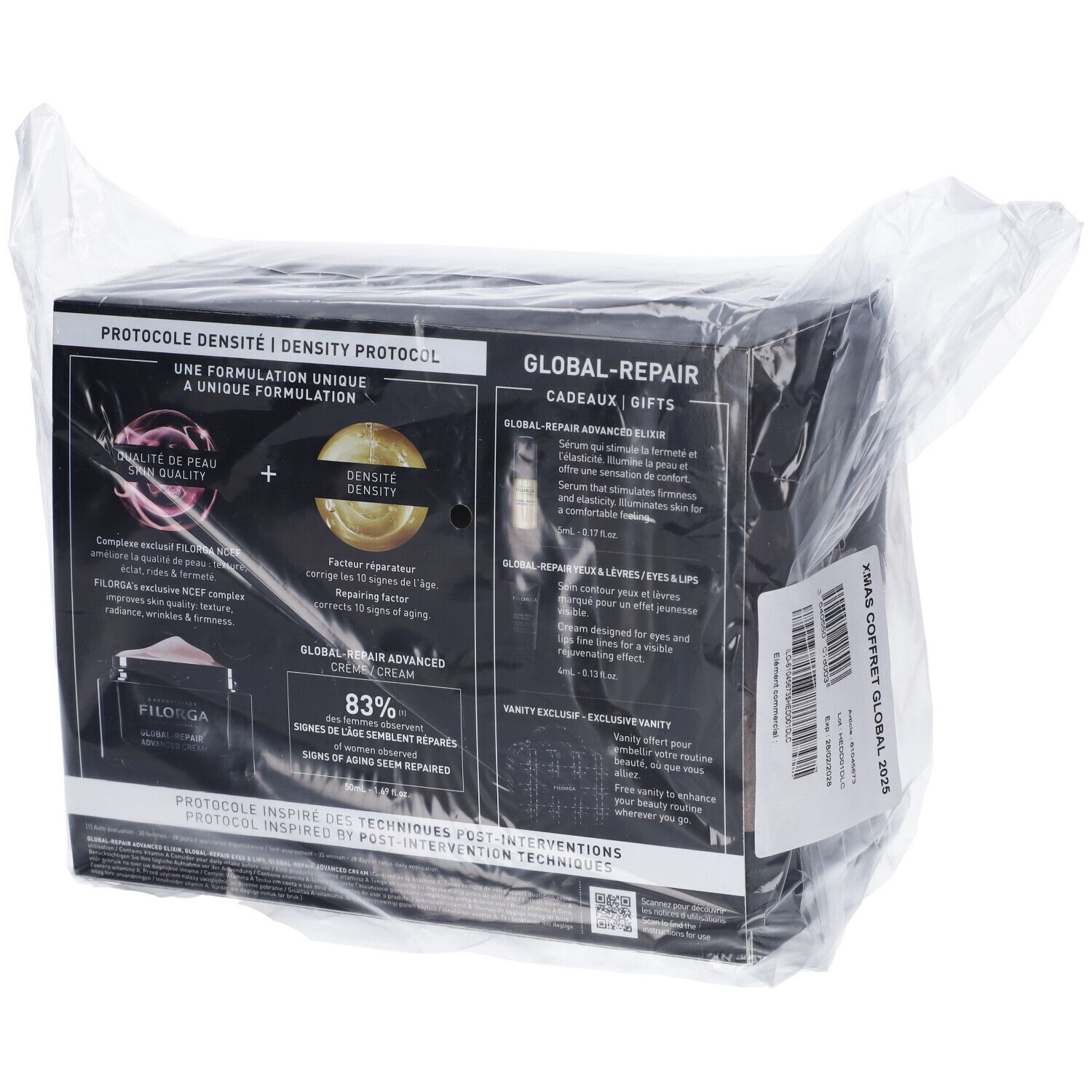 Retro della confezione regalo in pellicola. Testo: PROTOCOLO DENSITÀ, GLOBAL-REPAIR, FILORGA.