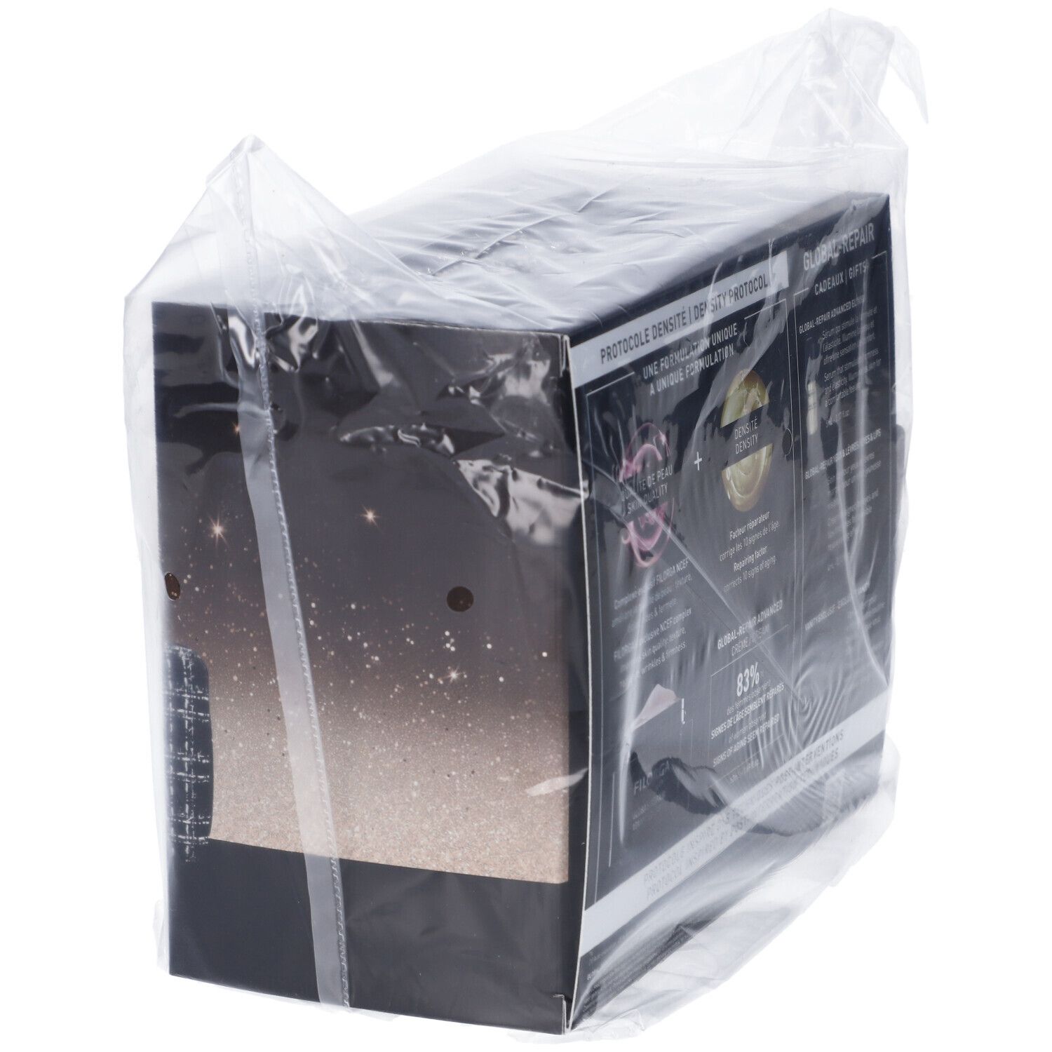 Retro della confezione regalo in pellicola. Testo: PROTOCOLO DENSITÀ, GLOBAL-REPAIR, FILORGA.