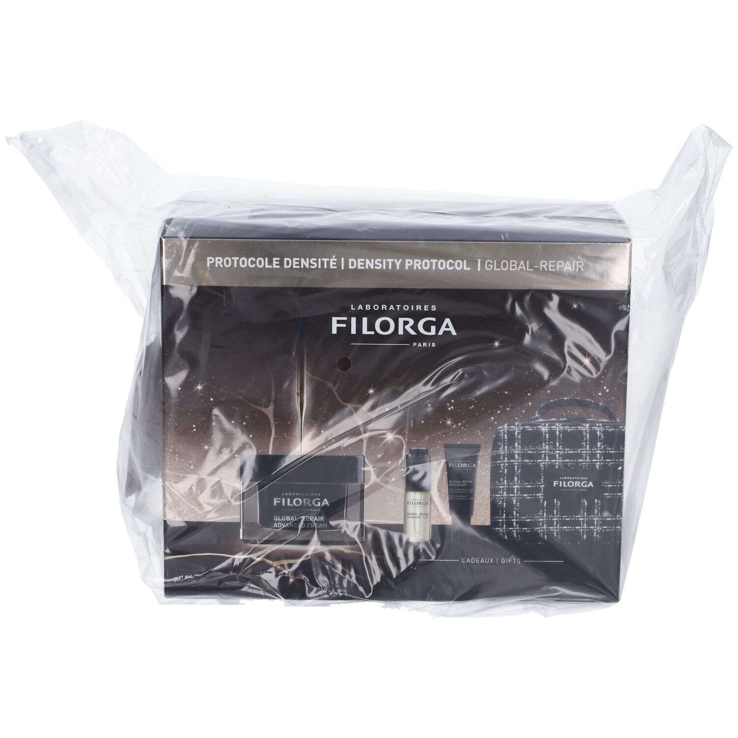 Confezione regalo in pellicola. Testo: PROTOCOLO DENSITÀ, FILORGA.