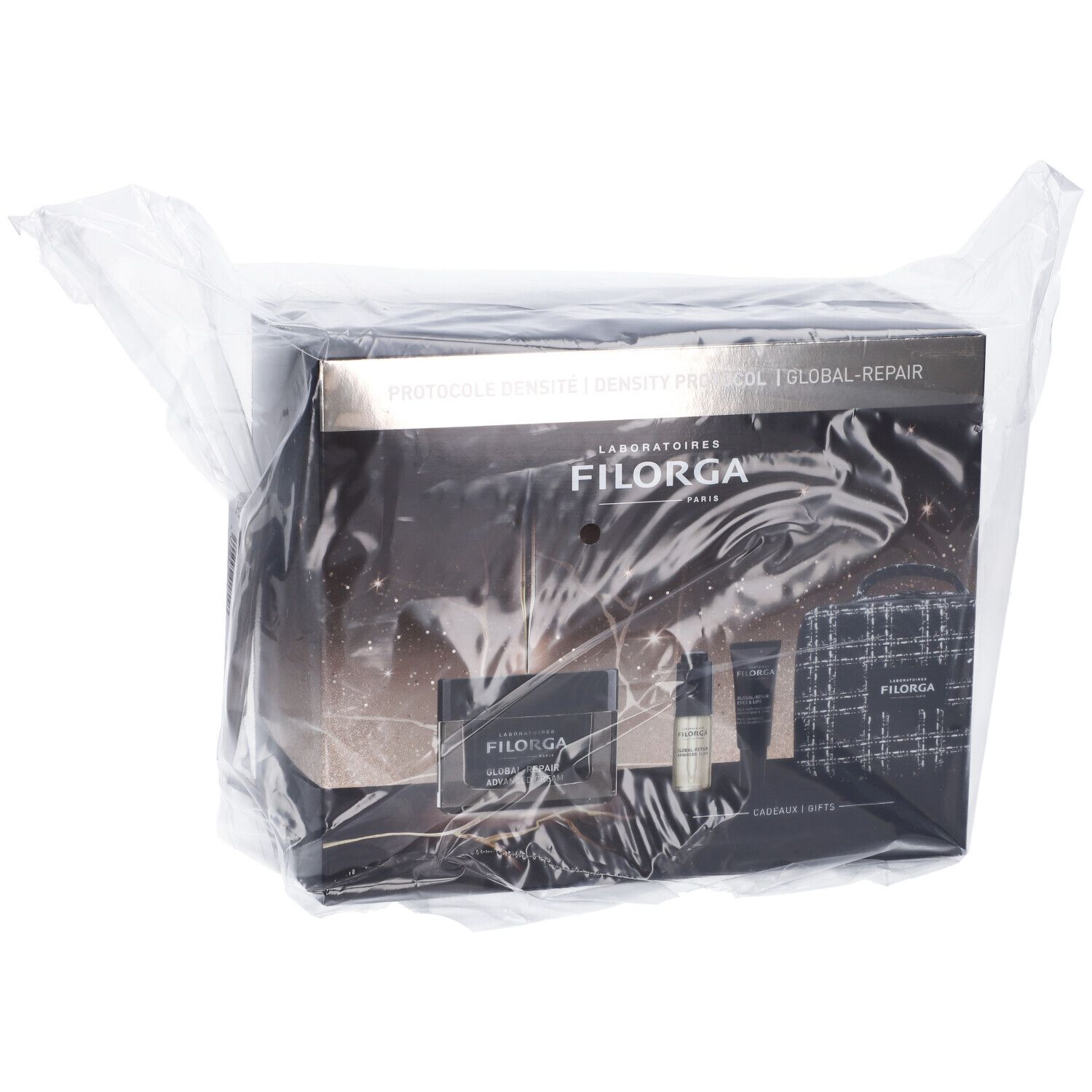 Confezione regalo in pellicola. Testo: PROTOCOLO DENSITÀ, FILORGA.