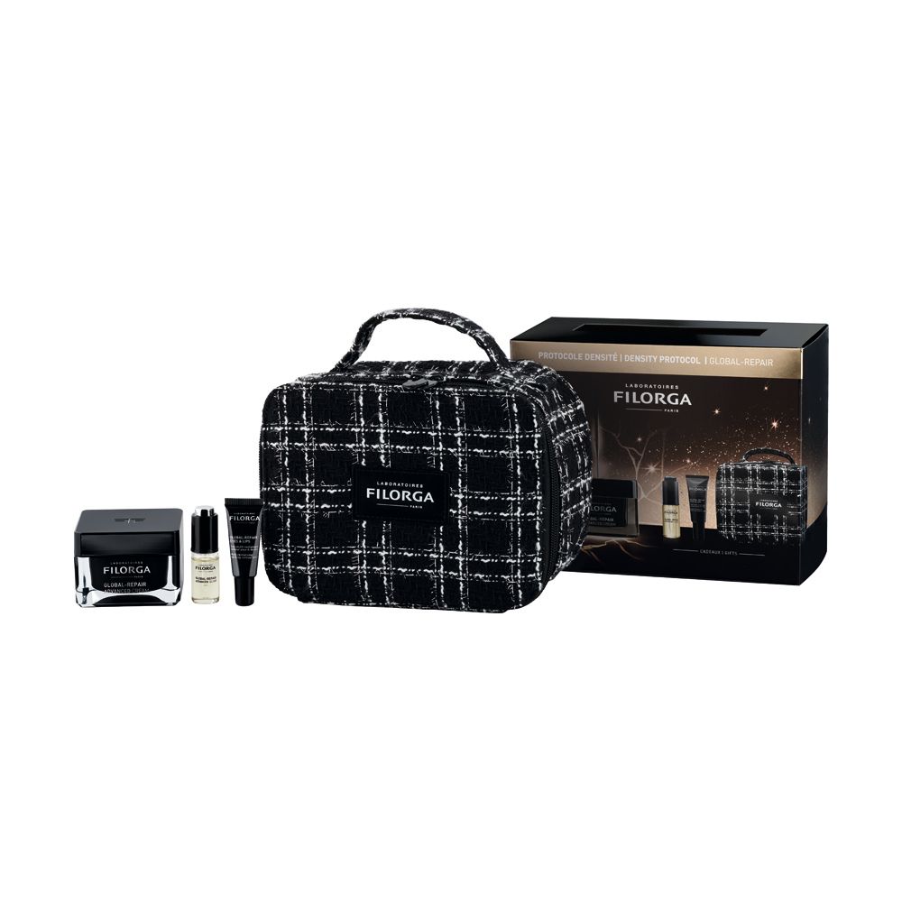 Set regalo con beauty case, creme e sieri. Beauty case nero con manico. Testo: FILORGA.