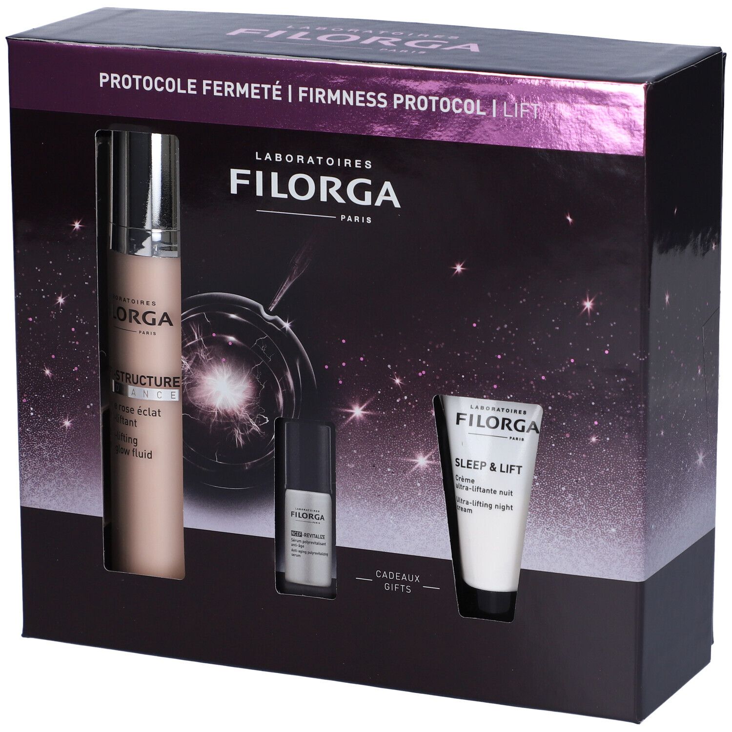 Confezione regalo con tre prodotti. Flacone grande, flacone piccolo, tubo. Testo: FILORGA, PROTOCOLE FERMETÉ, LIFT-STRUCTURE.
