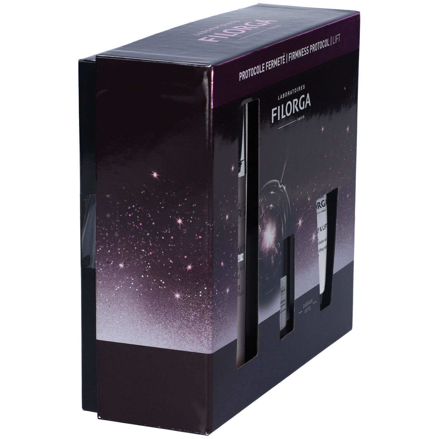 Vista laterale della confezione regalo. Testo: PROTOCOLE FERMETÉ, FILORGA, LIFT.