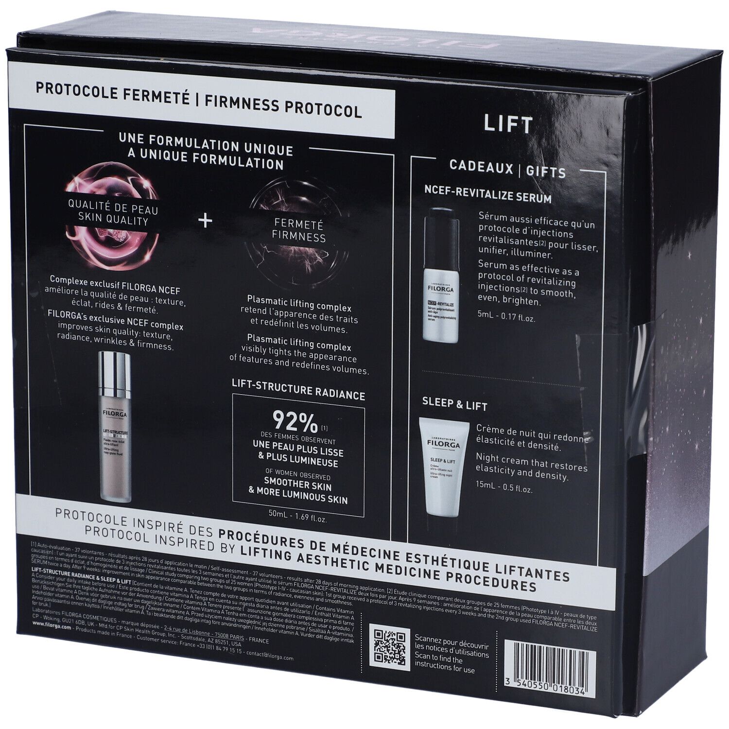 Retro della confezione regalo. Testo: PROTOCOLE FERMETÉ, FILORGA, NCEF, SLEEP & LIFT.