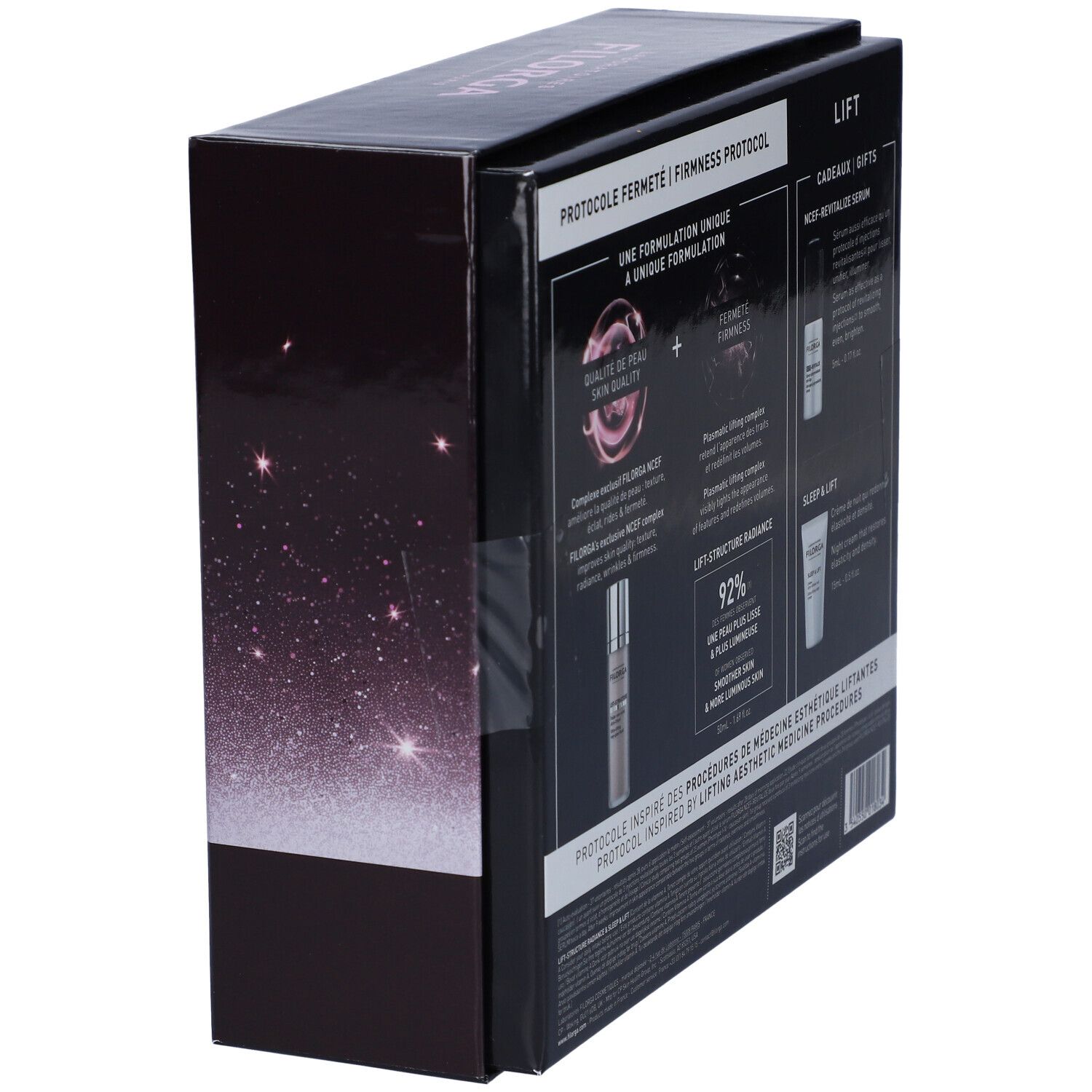 Vista laterale della confezione regalo. Testo: PROTOCOLE FERMETÉ, FILORGA, LIFT.