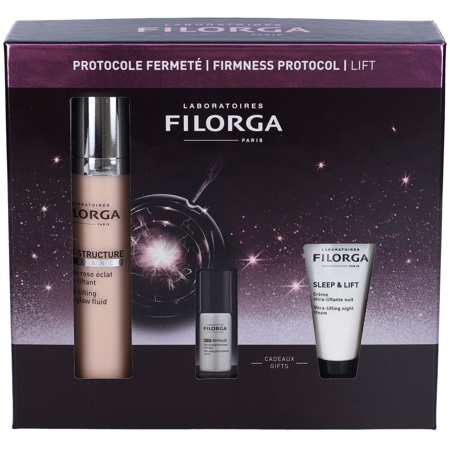 Confezione regalo con tre prodotti. Flacone grande, flacone piccolo, tubo. Testo: FILORGA, LIFT-STRUCTURE, SLEEP & LIFT.