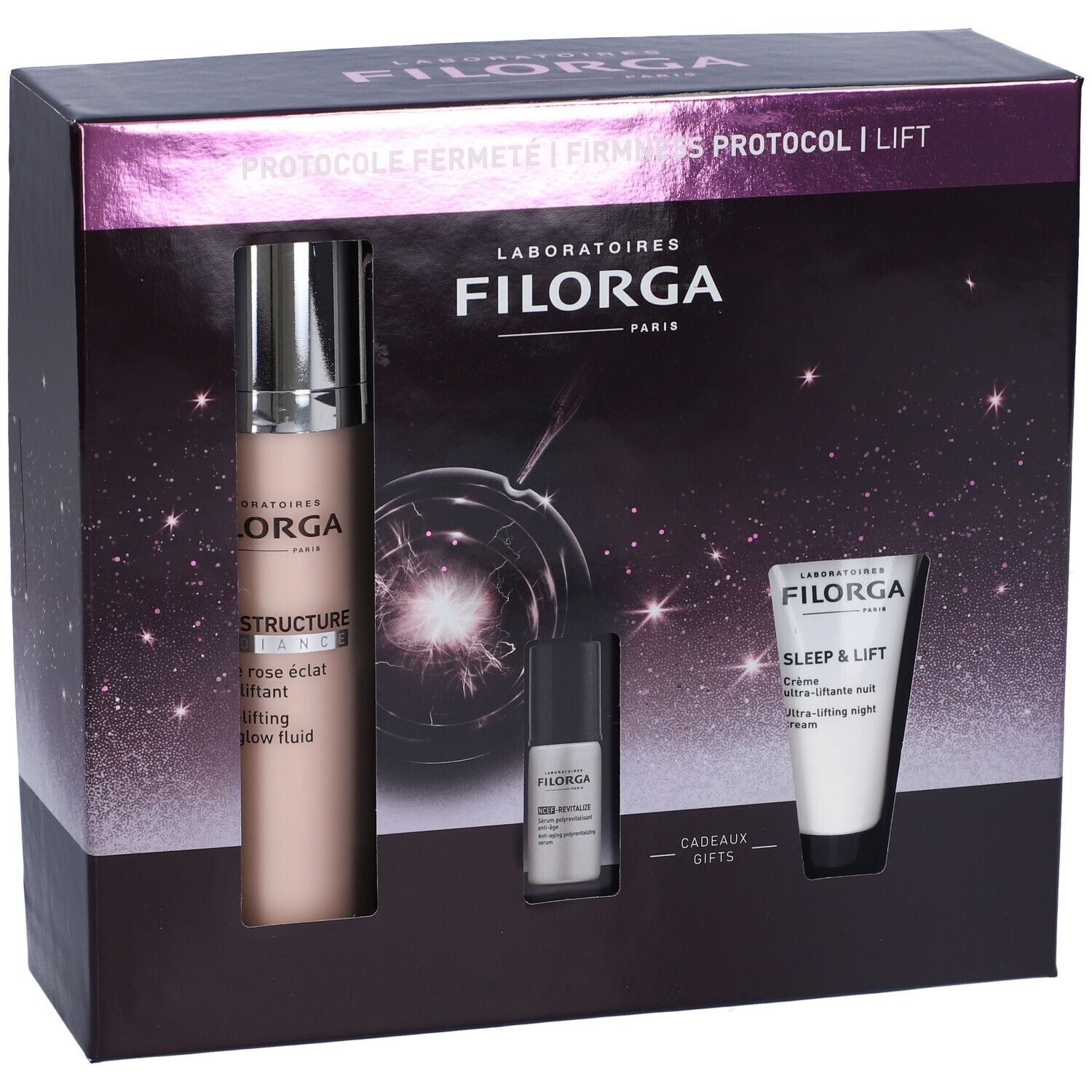 Confezione regalo con tre prodotti. Flacone grande, flacone piccolo, tubo. Testo: FILORGA, LIFT-STRUCTURE, SLEEP & LIFT.