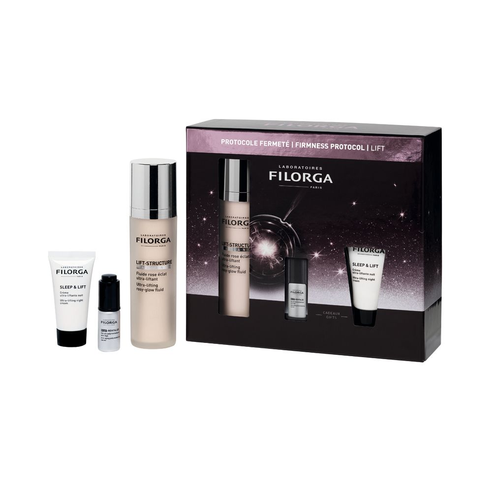 Confezione regalo con tre prodotti. Flacone grande, flacone piccolo, tubo. Testo: FILORGA, LIFT-STRUCTURE, SLEEP & LIFT.