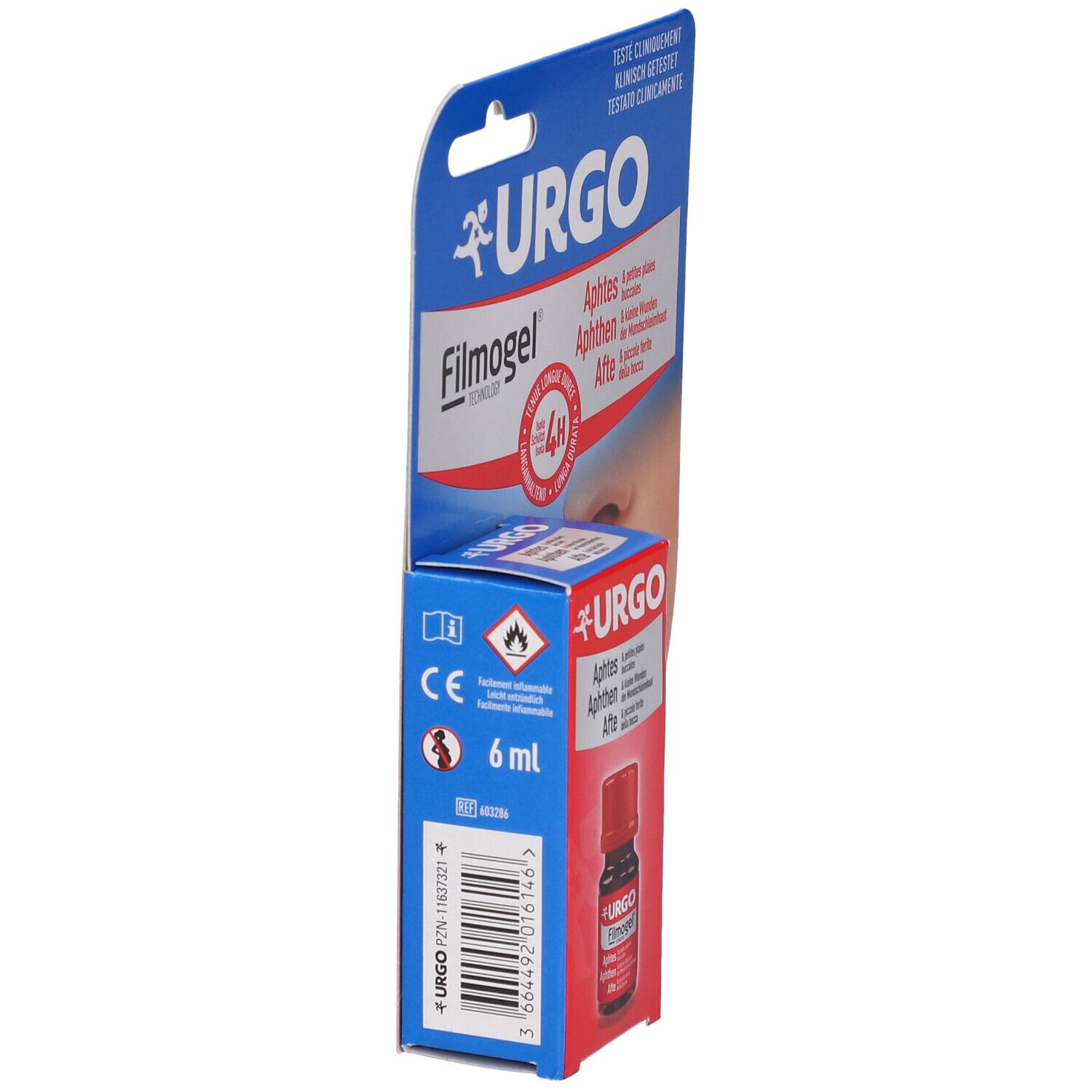 Confezione URGO Filmogel con flacone. Contiene 6 ml. Avvertenza. Marchio CE.