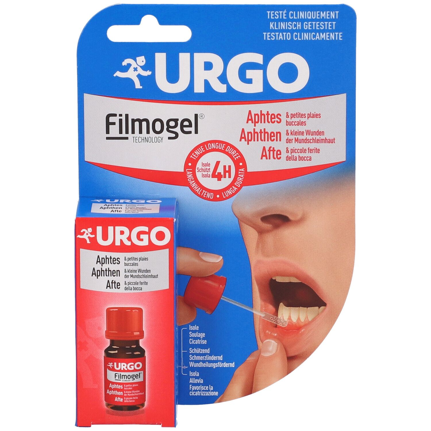 Confezione e flacone URGO Filmogel per afte. Applicazione con applicatore sulla bocca aperta.