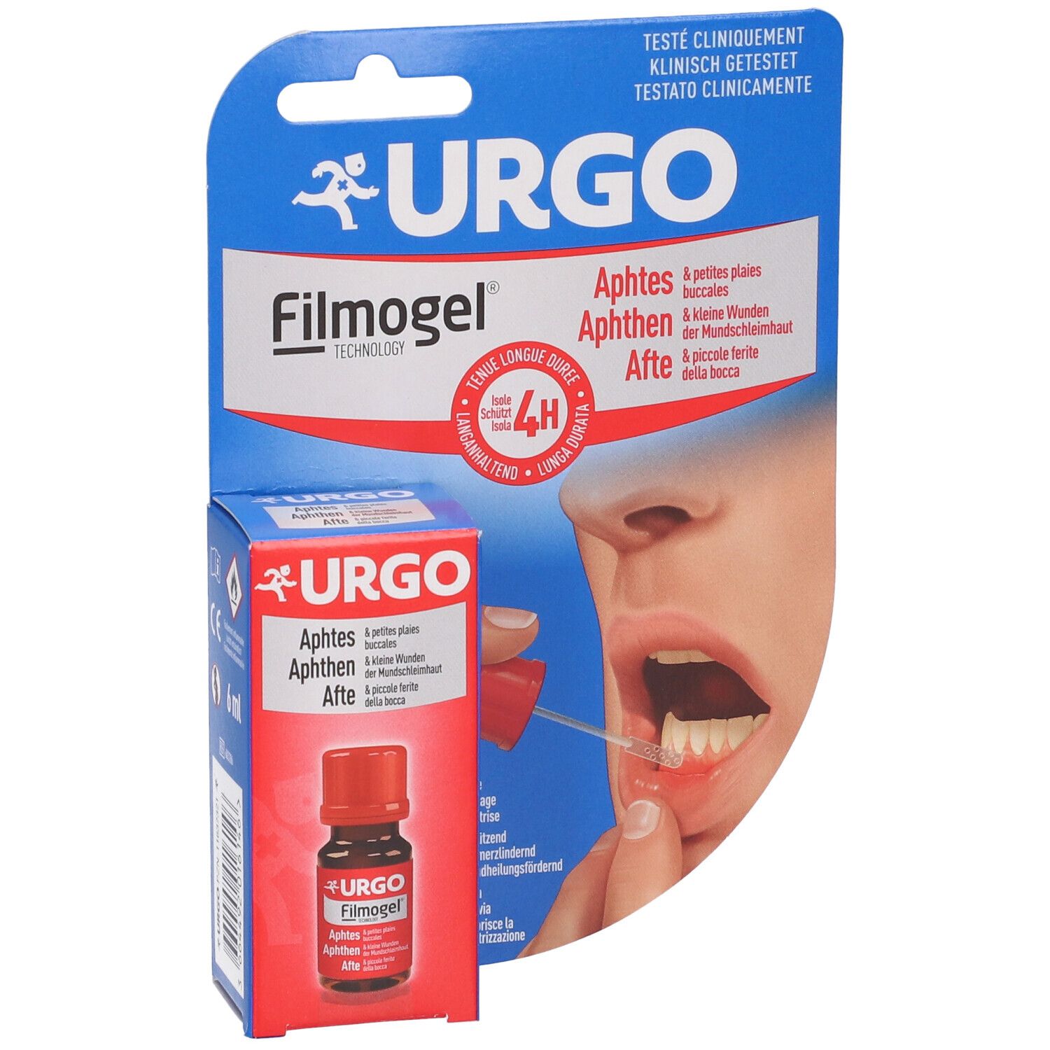 Confezione e flacone URGO Filmogel per afte. Applicazione con applicatore sulla bocca aperta.