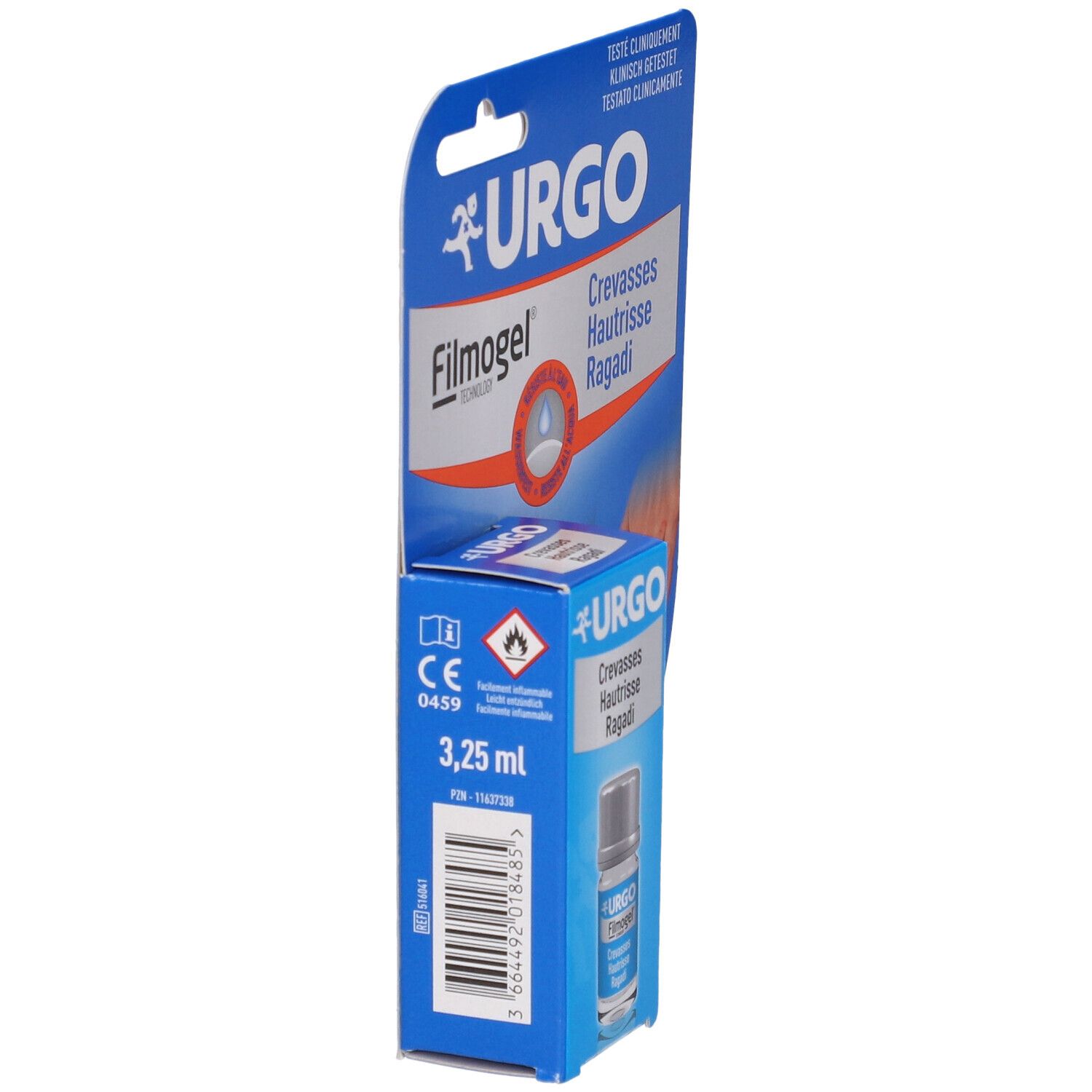 Vista laterale della confezione. Confezione blu con nome e logo del prodotto. 3,25 ml.