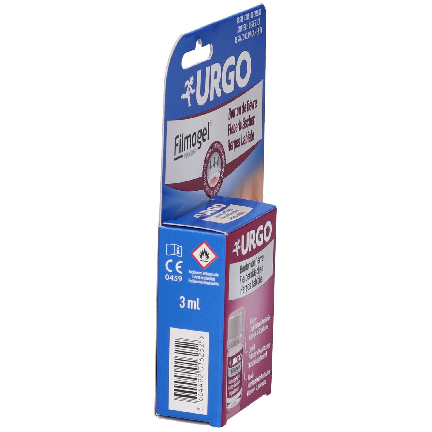 Confezione del prodotto. Scritta: URGO Filmogel. Contiene 3 ml. Marchio CE.