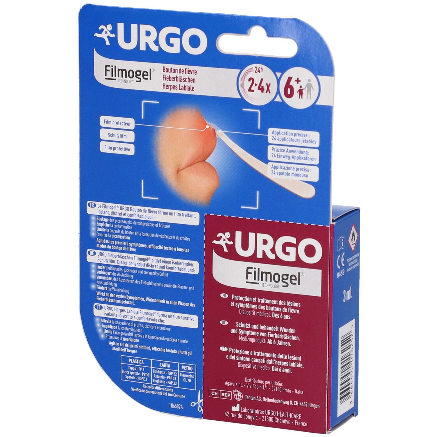 Retro della confezione del prodotto. Scritta: URgo Filmogel. Contiene informazioni e illustrazioni.