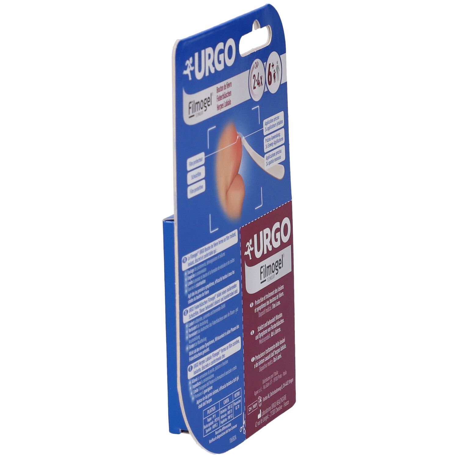 Vista laterale della confezione del prodotto. Scritta: URGO Filmogel. Contiene informazioni e illustrazioni.