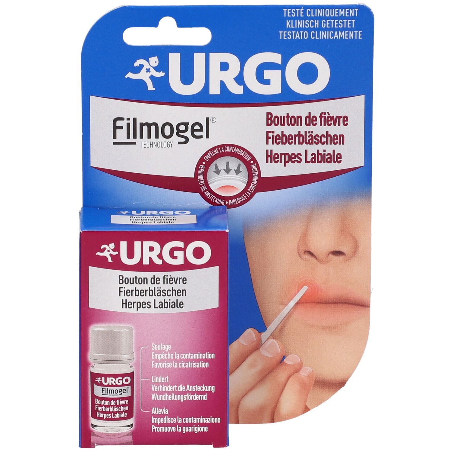 Confezione con prodotto e flacone. Scritta: URGO Filmogel. Illustrazione di bocca con herpes labiale.