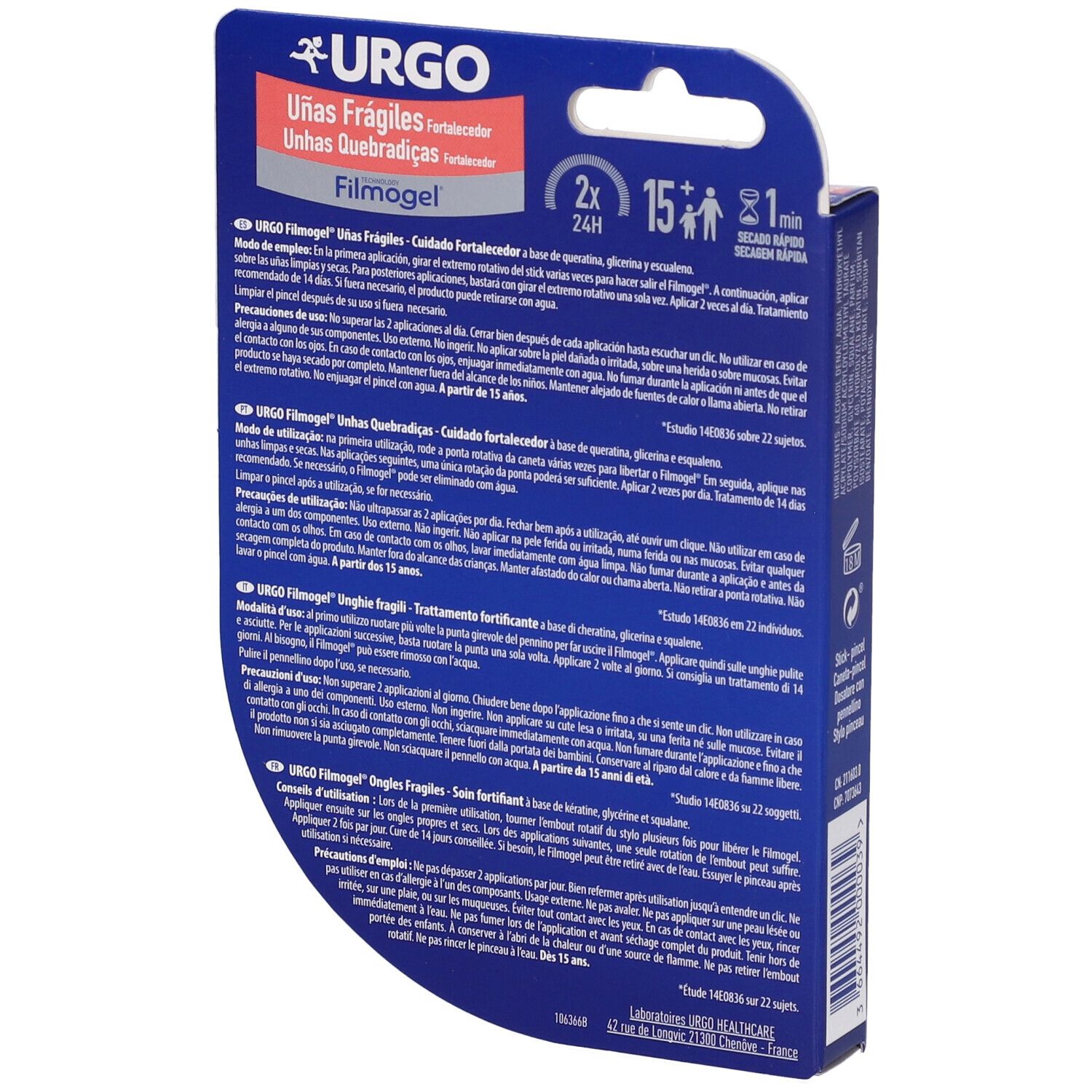 Retro della confezione. Testo multilingue. URGO, Filmogel, Unas Fragiles. Istruzioni per l'uso.