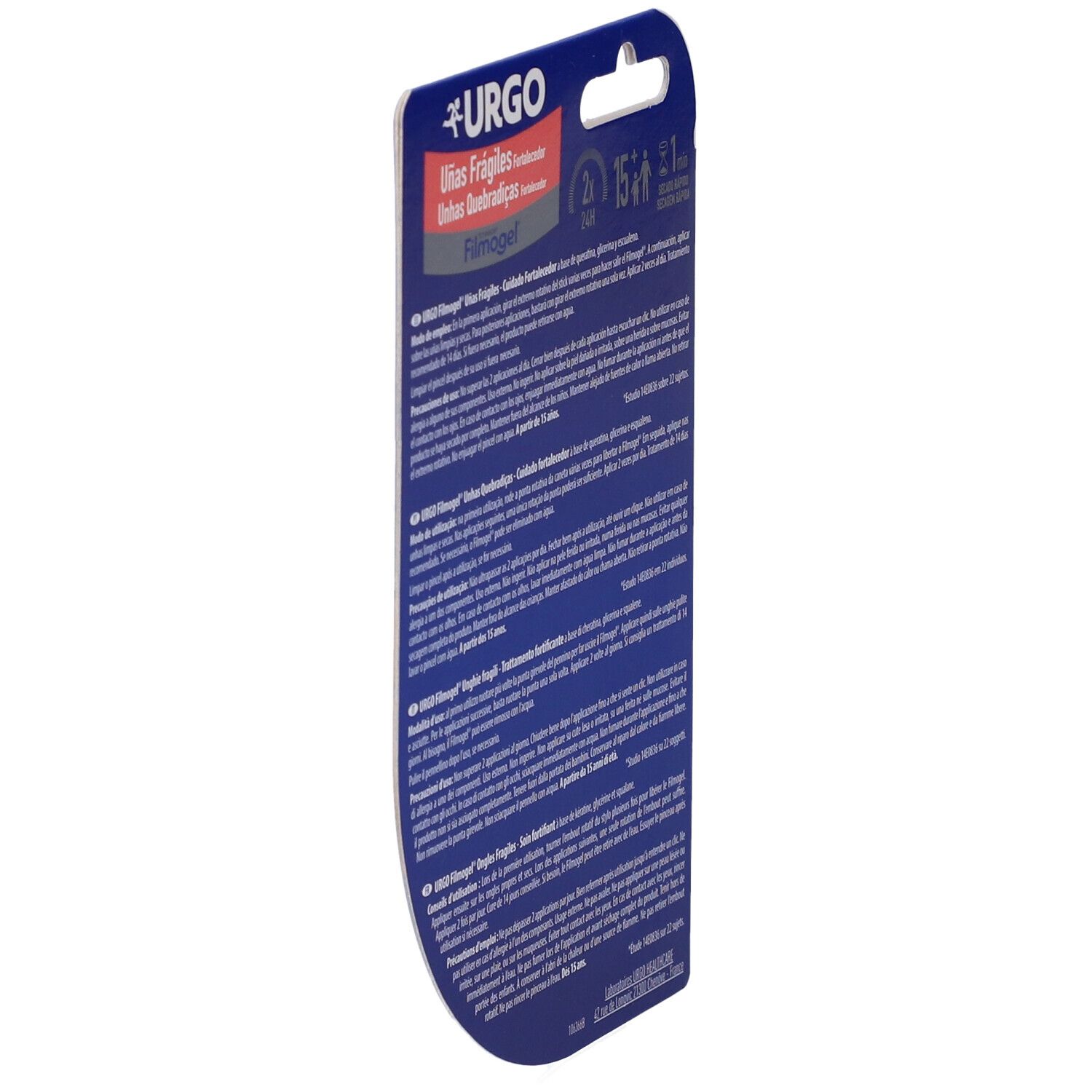 Retro della confezione. Testo multilingue. URGO, Filmogel, Unas Fragiles. Istruzioni per l'uso.