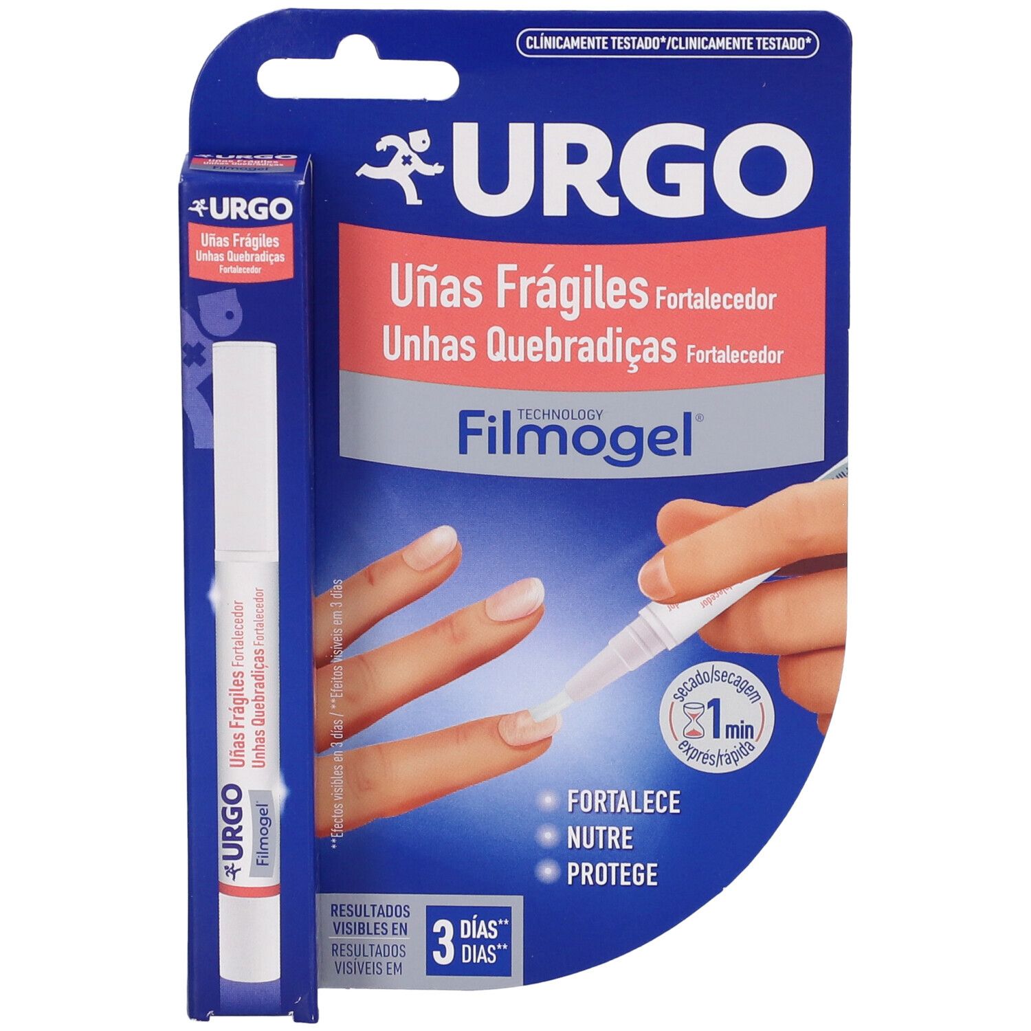 Confezione prodotto con applicatore. Scritte URGO, Filmogel e Unas Fragiles. Illustrazione unghie.