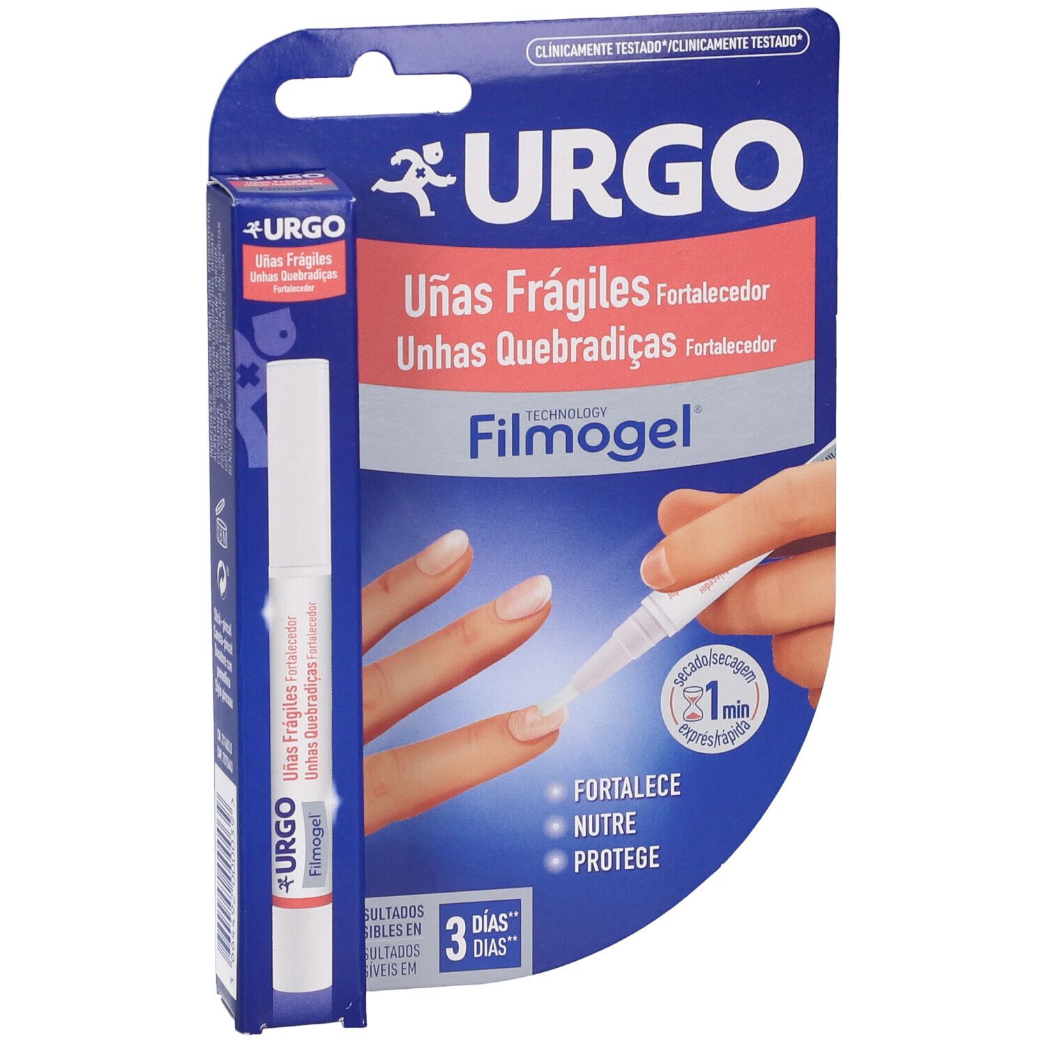 Confezione prodotto con applicatore. Scritte URGO, Filmogel e Unas Fragiles. Illustrazione unghie.