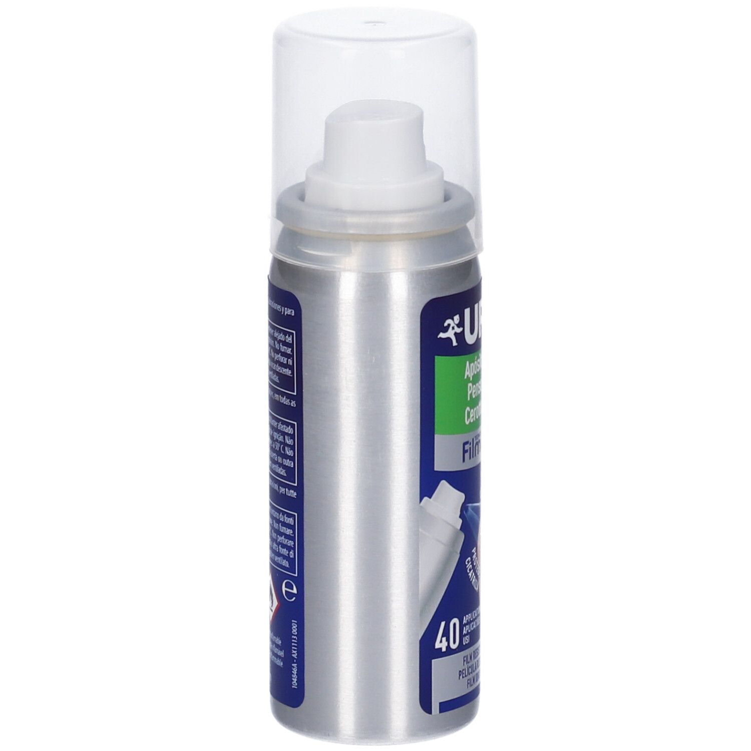 Flacone spray cilindrico con tappo trasparente. Scritta: URGO, Filmogel. Corpo in metallo argentato.