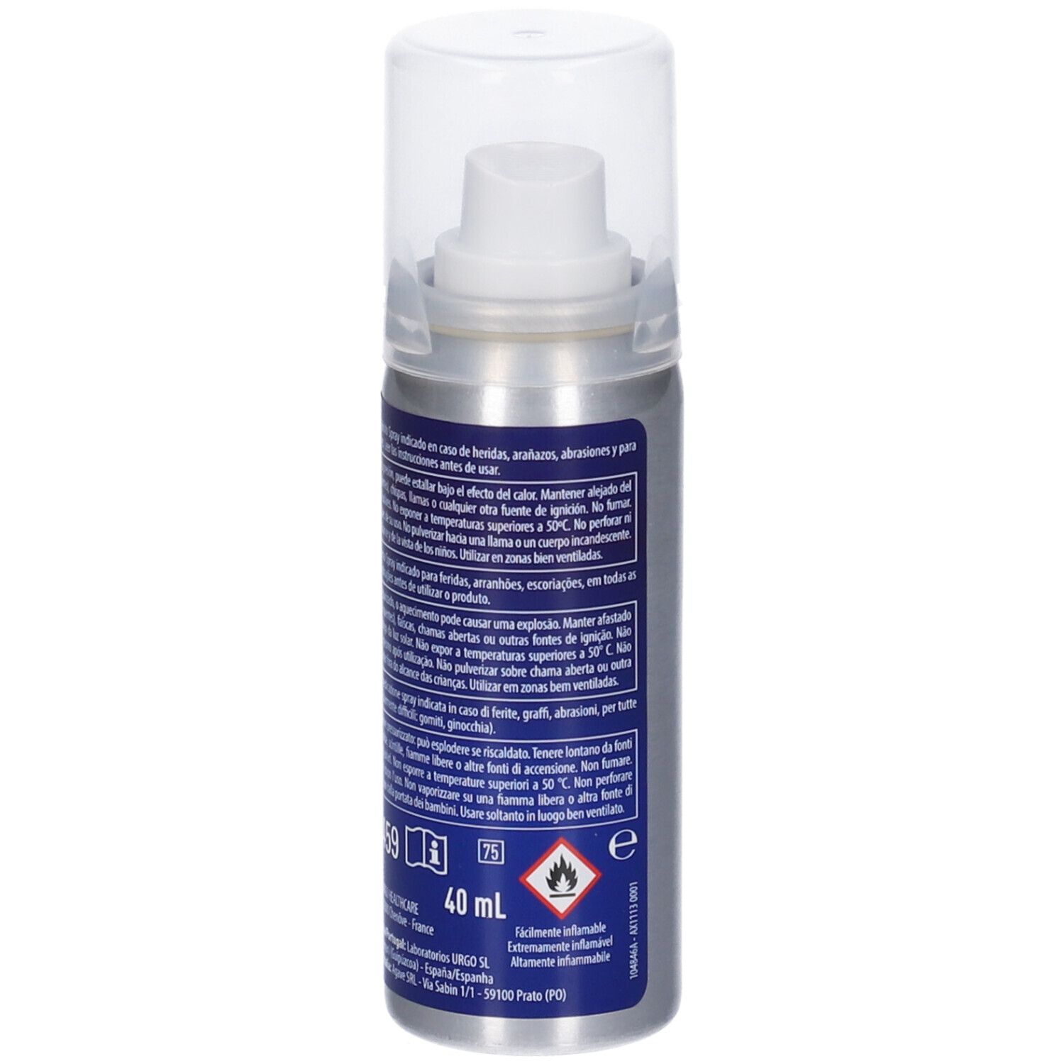 Flacone spray con tappo trasparente. Scritta: URGO, Filmogel. Retro con testo e pittogrammi.