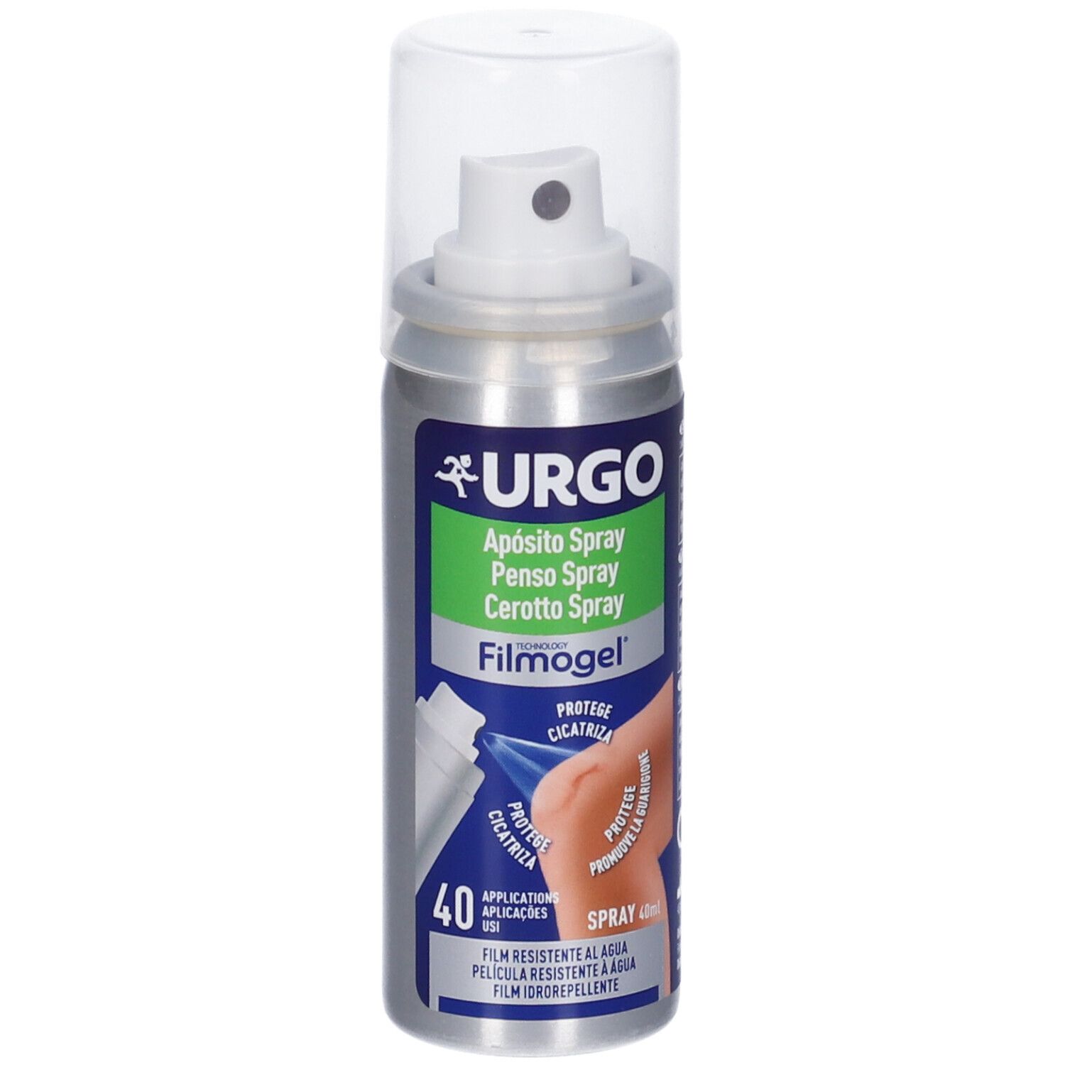Flacone spray per medicazione con tappo trasparente. Scritta: URGO, Filmogel. Illustrazione di una ferita al ginocchio.
