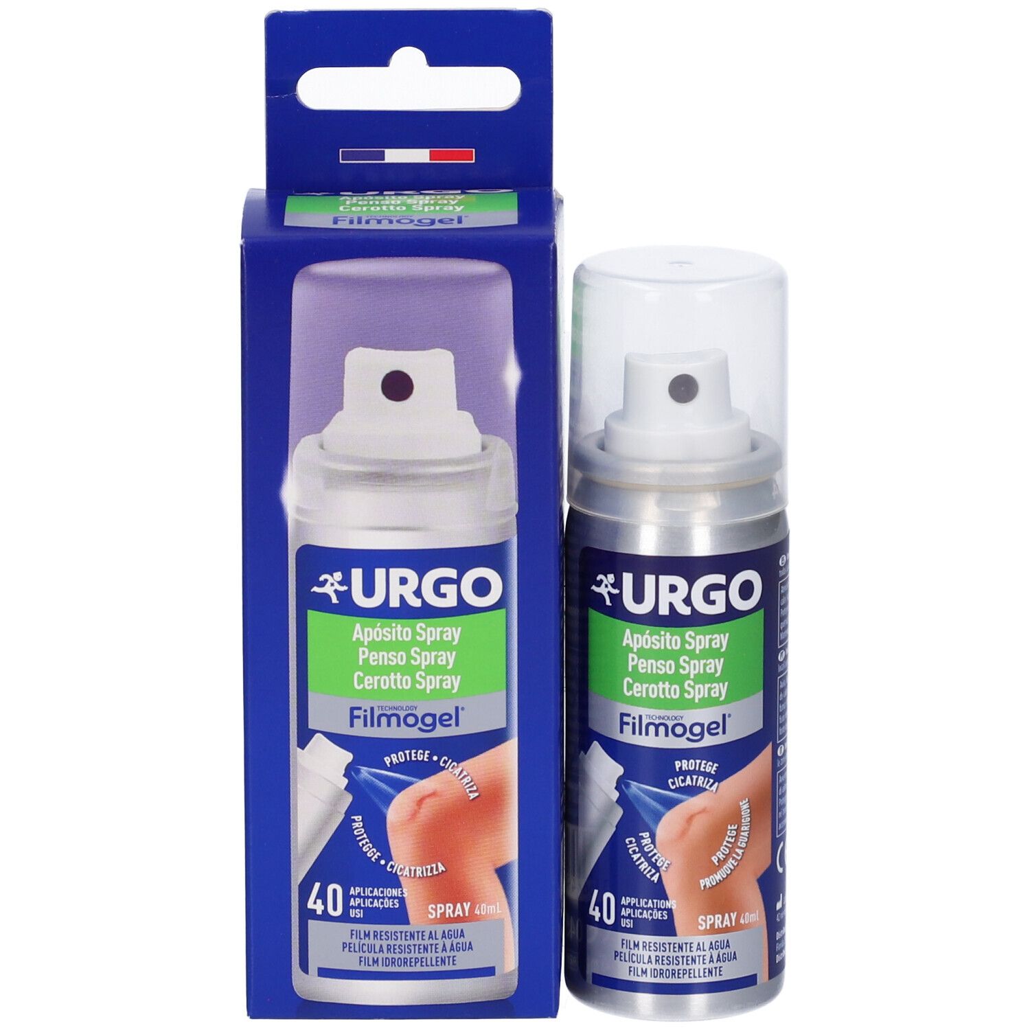 Confezione del prodotto con flacone spray e scatola. Scritta: URGO, Filmogel. Illustrazione di una ferita al ginocchio.
